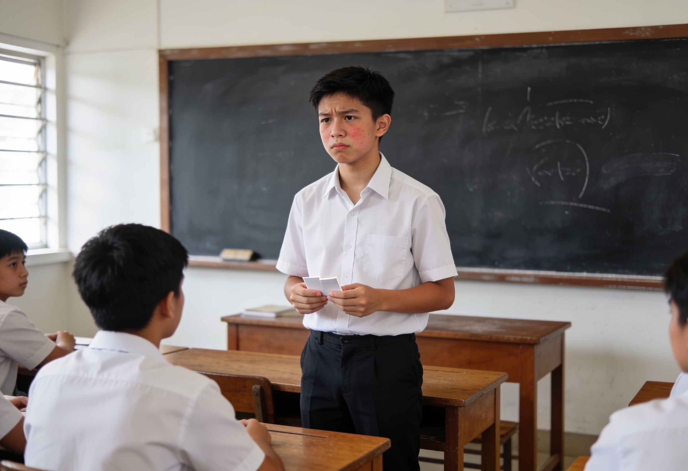 A nervous Singaporean teenage boy standing to speak in front of his secondary school class