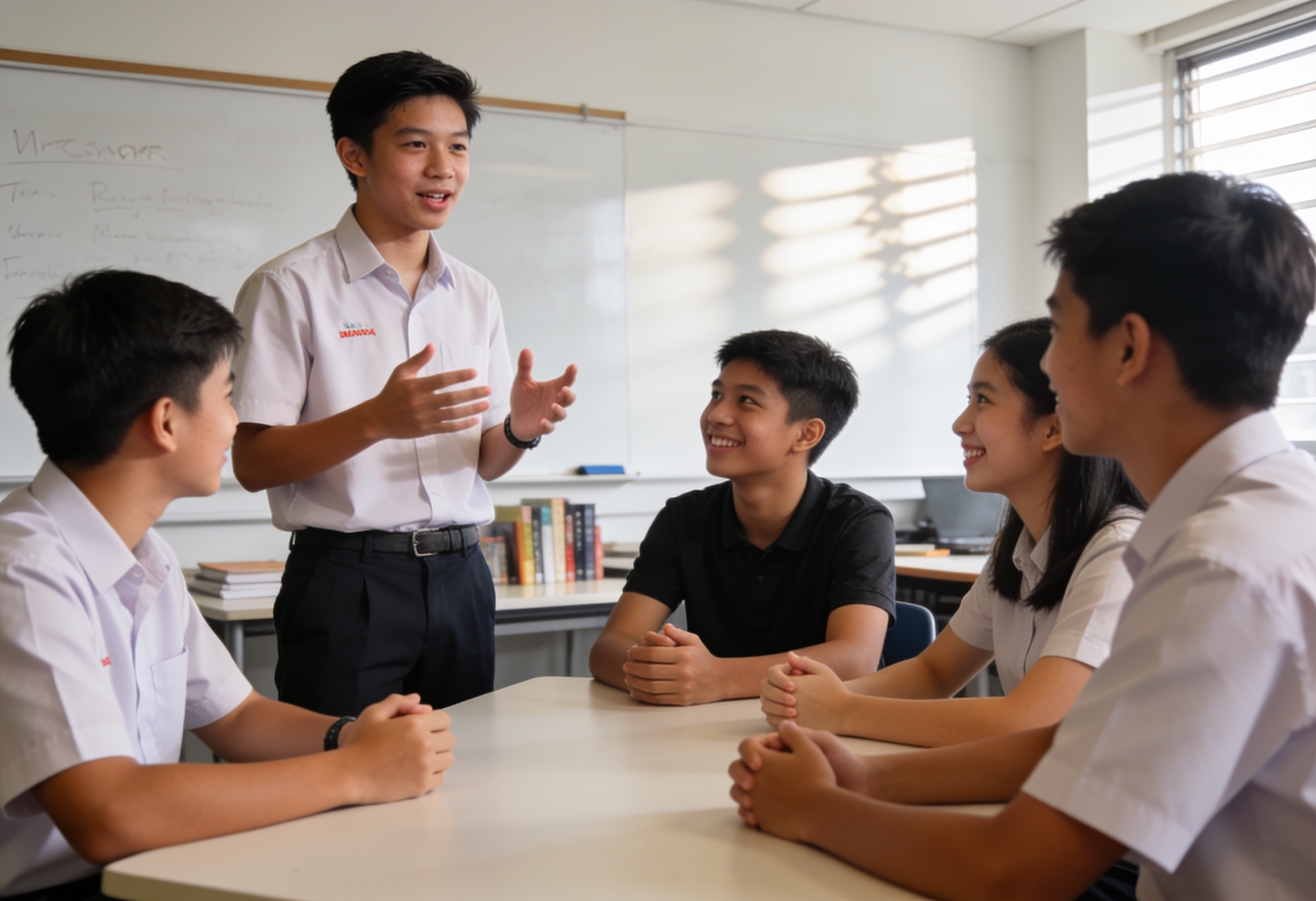A group of Singaporean teenagers practising a presentation together in a classroom