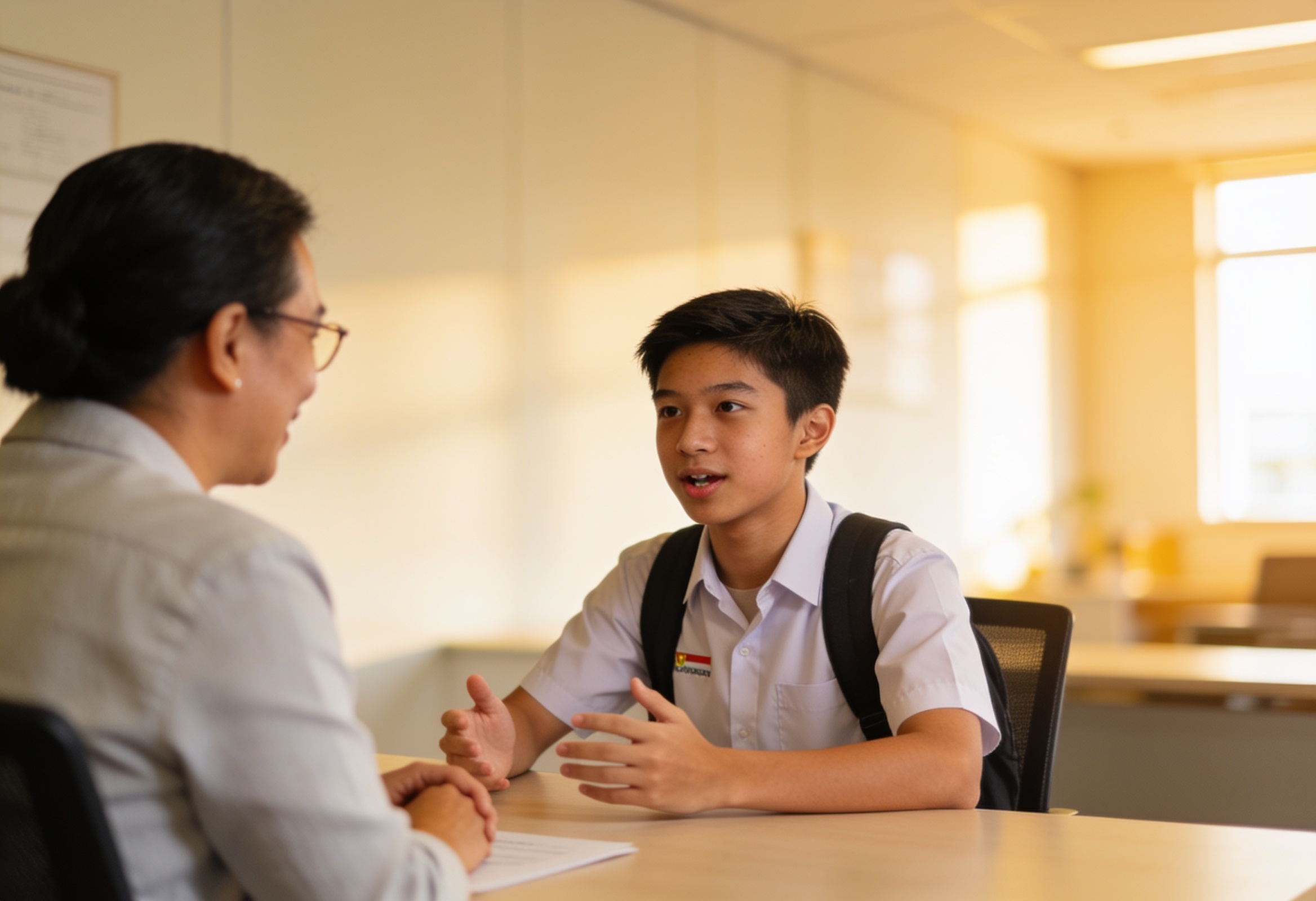 A composed Singaporean teenage student speaking confidently in a school interview