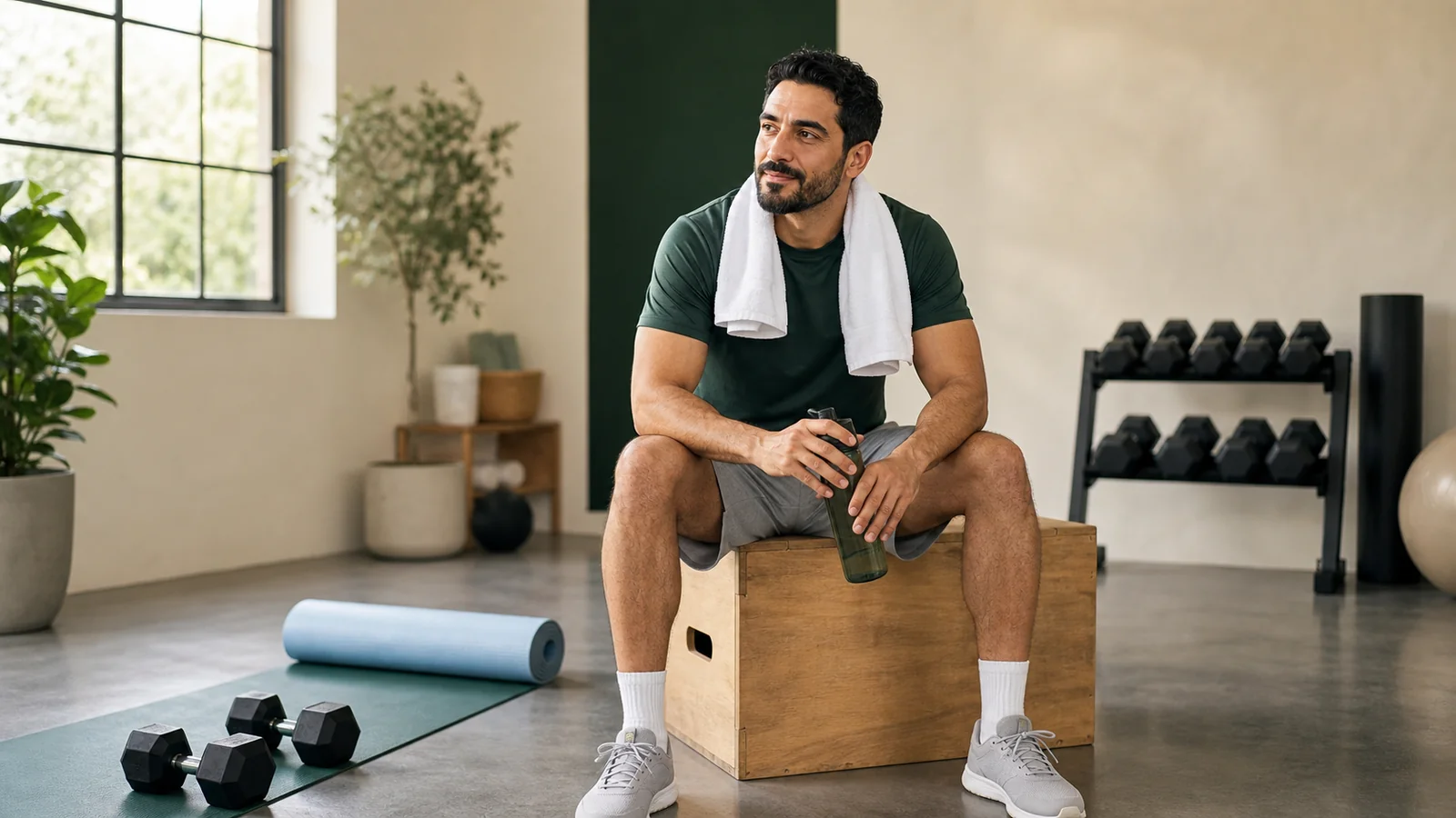 Athlete resting calmly after a strength workout in a bright training studio
