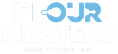 Logo with text FLOUR MASTERS featuring a cracked wheat design in blue and white.