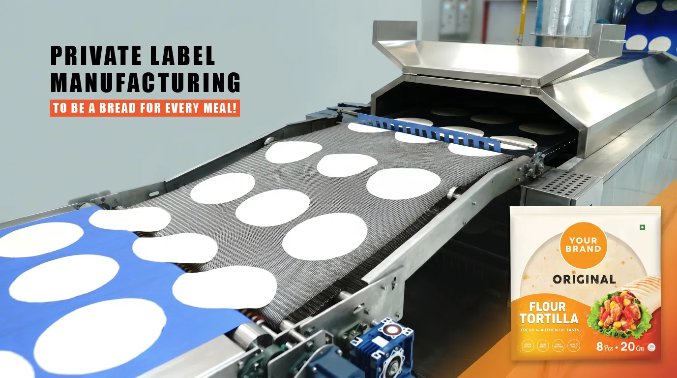 Industrial machine baking flour tortillas with private label tortilla packaging displayed.