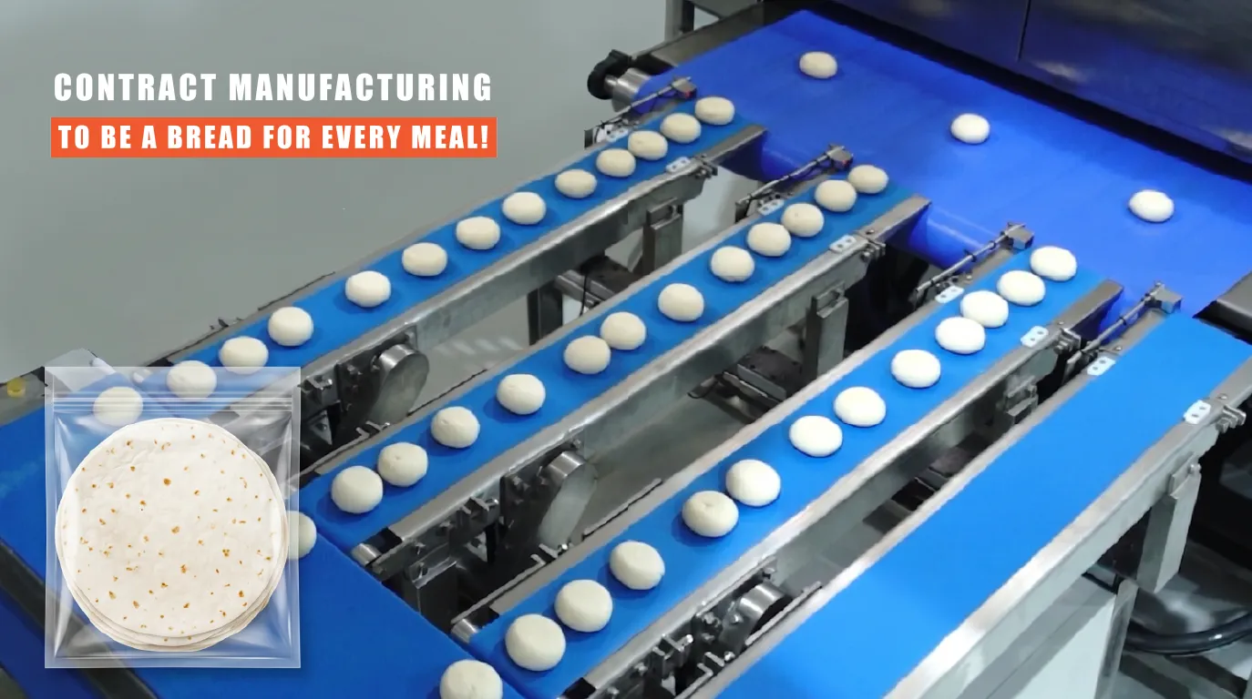 Dough balls on blue conveyor belts in a bread manufacturing facility.