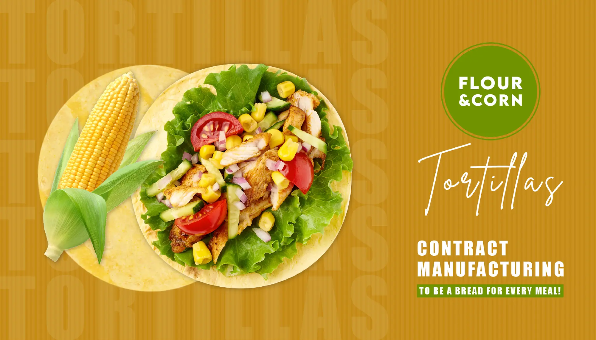 Two corn flour tortillas, one with grilled chicken, lettuce, tomato, corn, cucumber, and onions