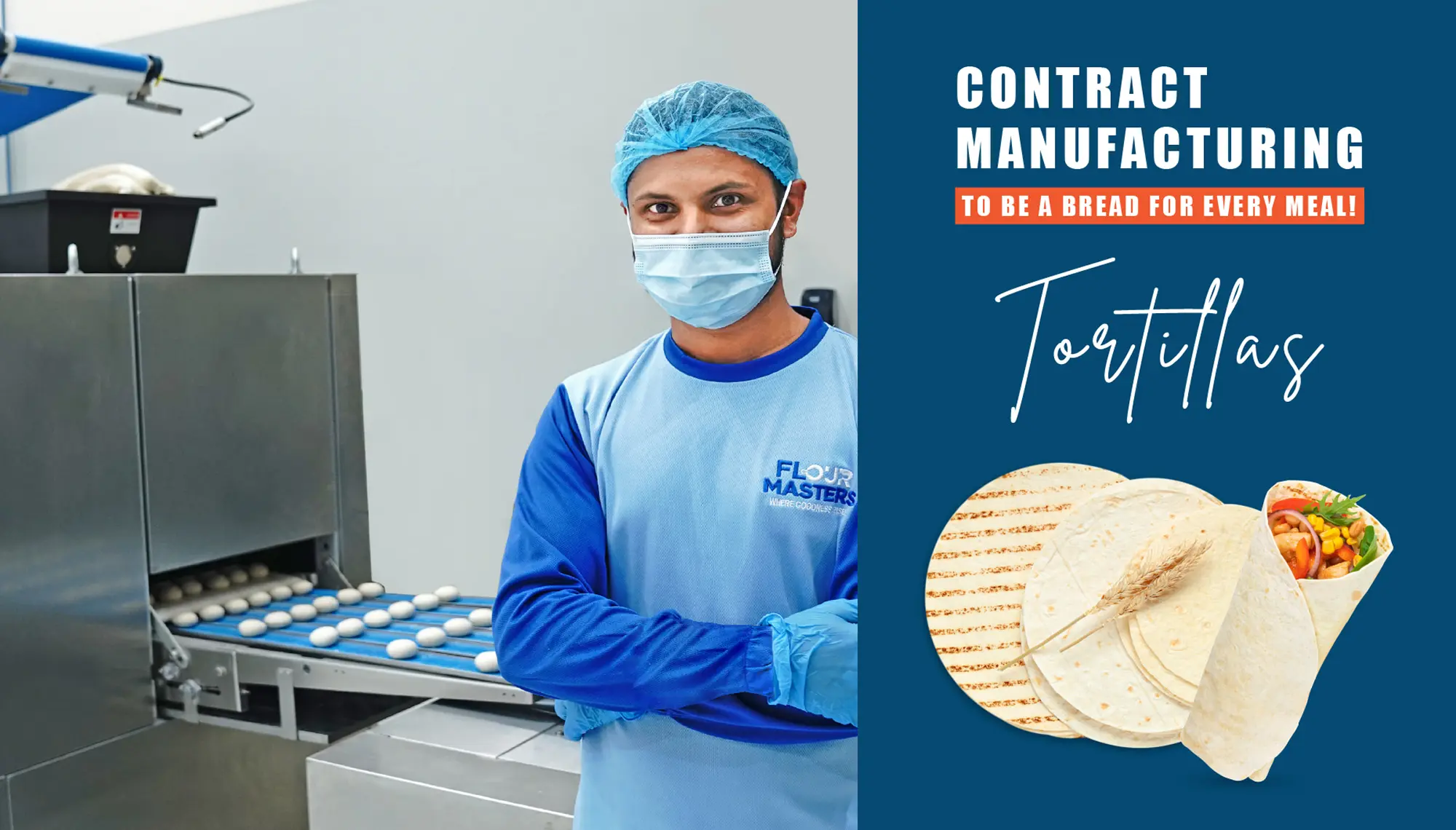 Worker in protective gear at tortilla production line beside images of tortillas and wrap.