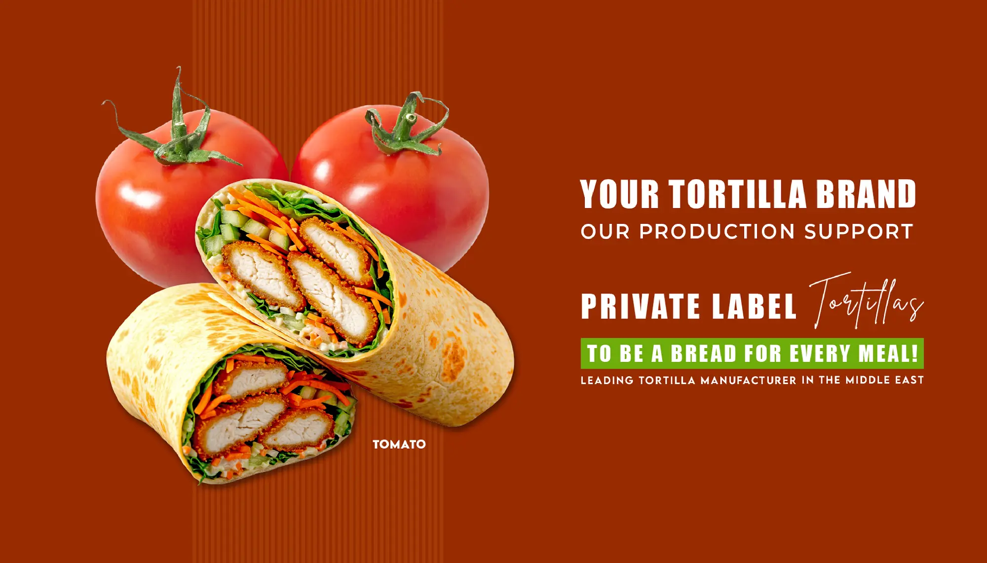 Two tomato slices and two chicken wraps with lettuce, carrots, and cucumber on a brown background.