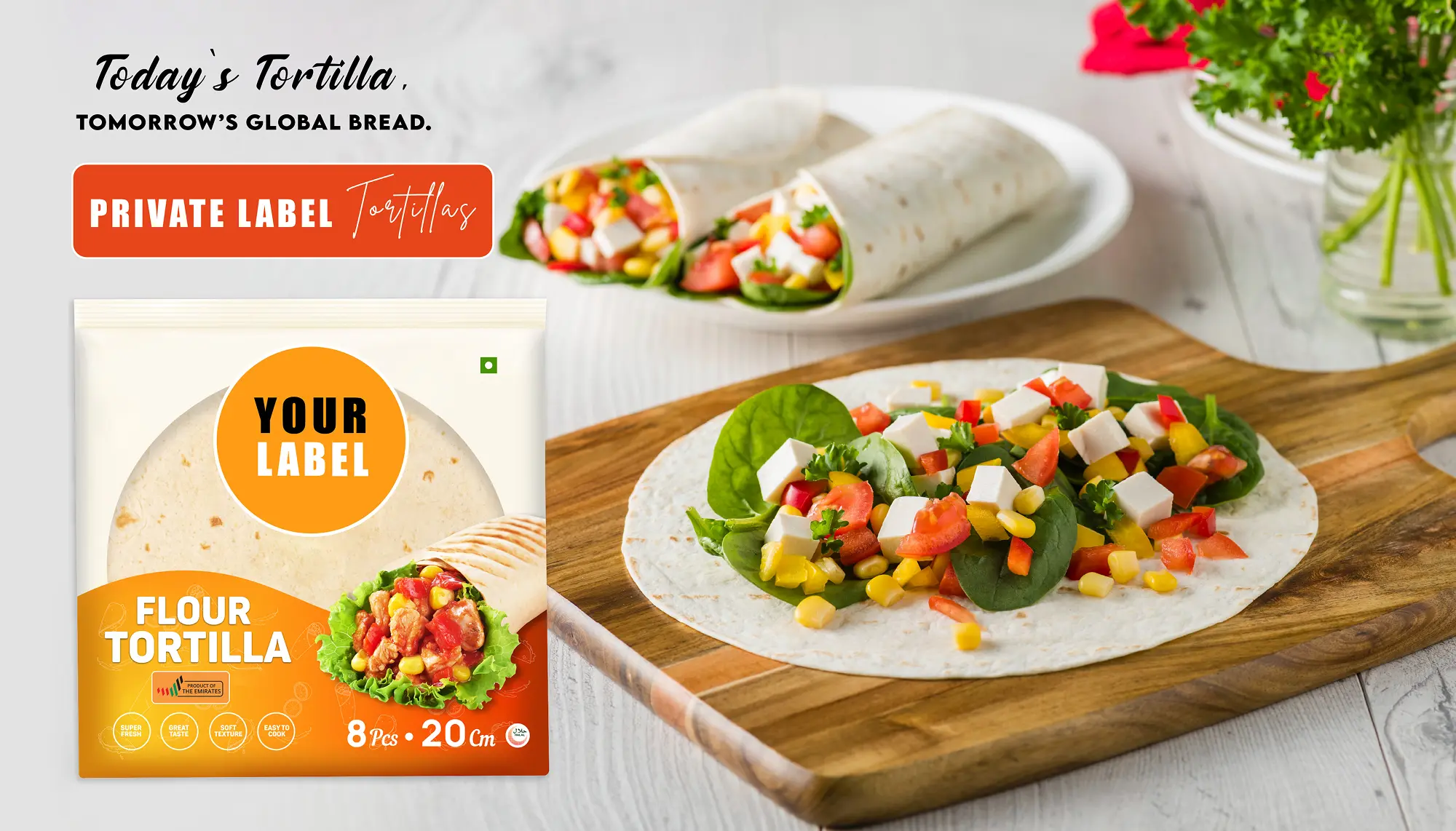 Unwrapped flour tortilla with vegetables and cheese on a wooden board, two rolled tortillas on a white plate.
