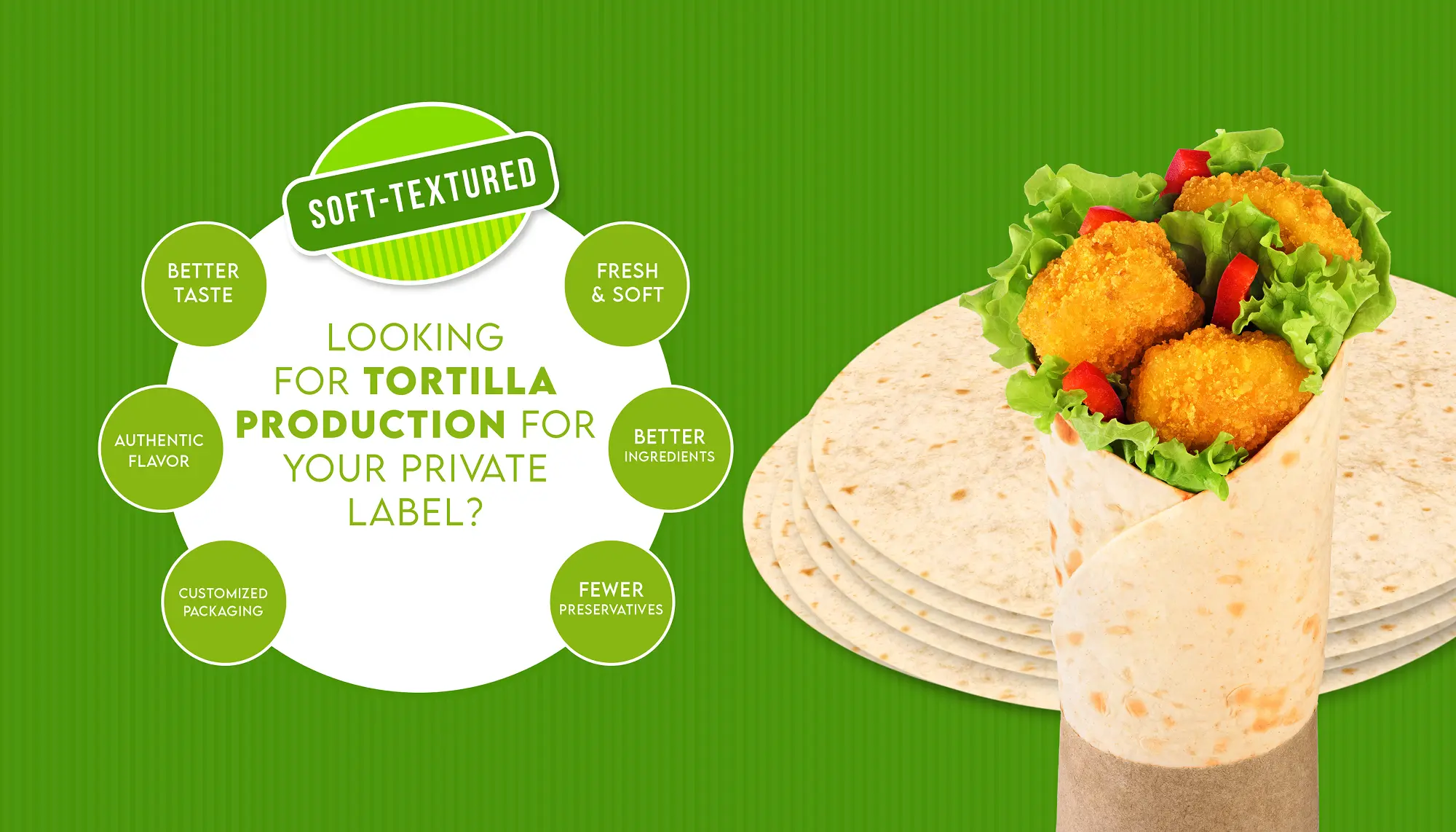 Soft-textured tortilla wrap with fried chicken, lettuce, and red bell peppers on green background.