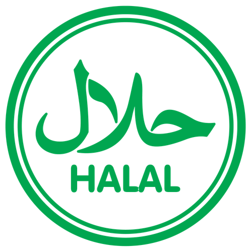 Halal certification symbol with Arabic calligraphy and English text inside two concentric circles.