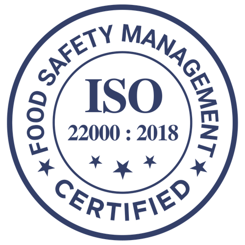 ISO 22000:2018 Food Safety Management Certified round seal with stars.