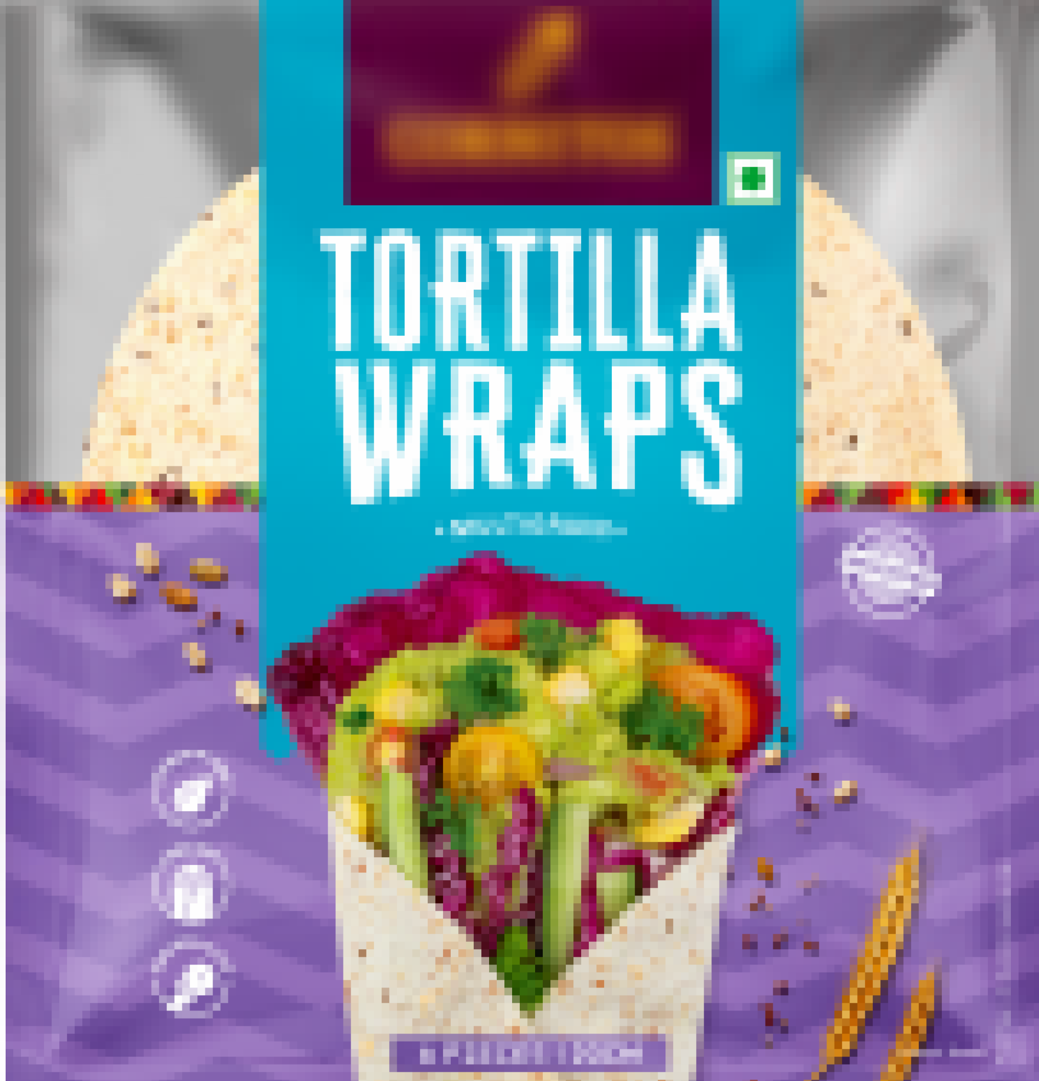 Packaged tortilla wraps with vegetable filling on purple and blue label.