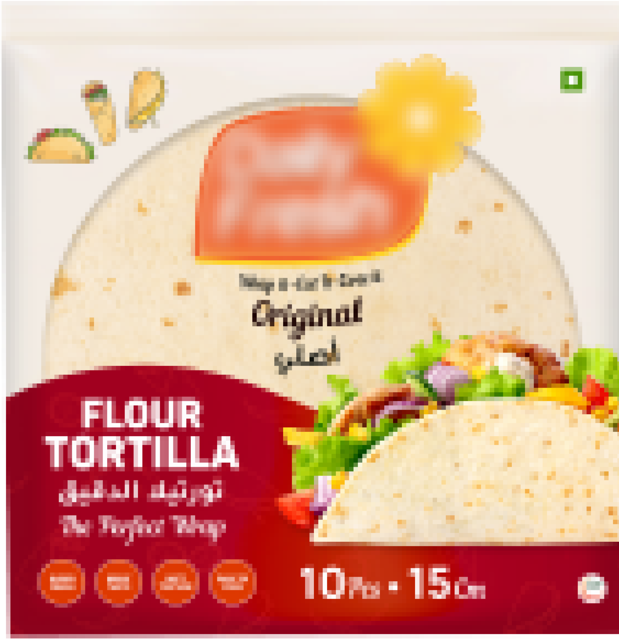 Package of original flour tortillas with 10 pieces, 15 cm, showing a filled tortilla wrap.