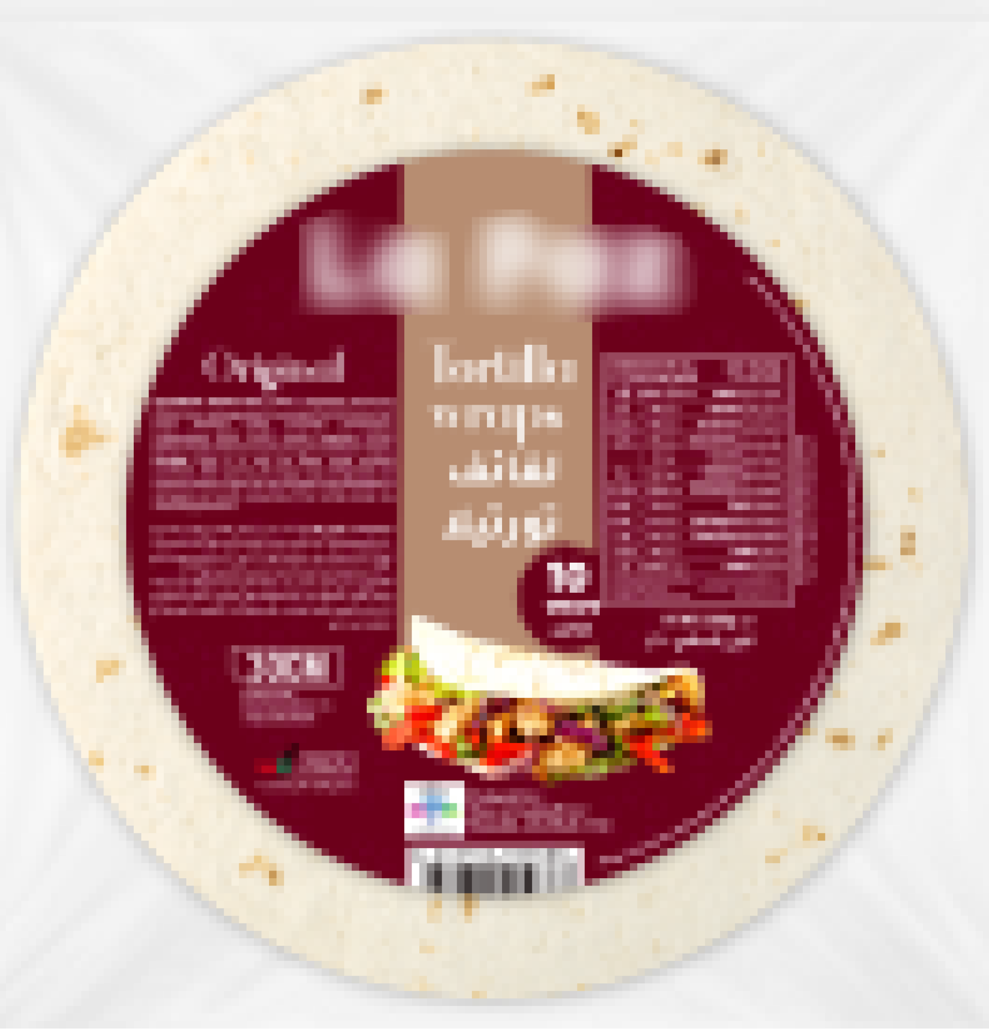 Pack of wheat tortillas with label showing taco image and nutrition facts on maroon background.