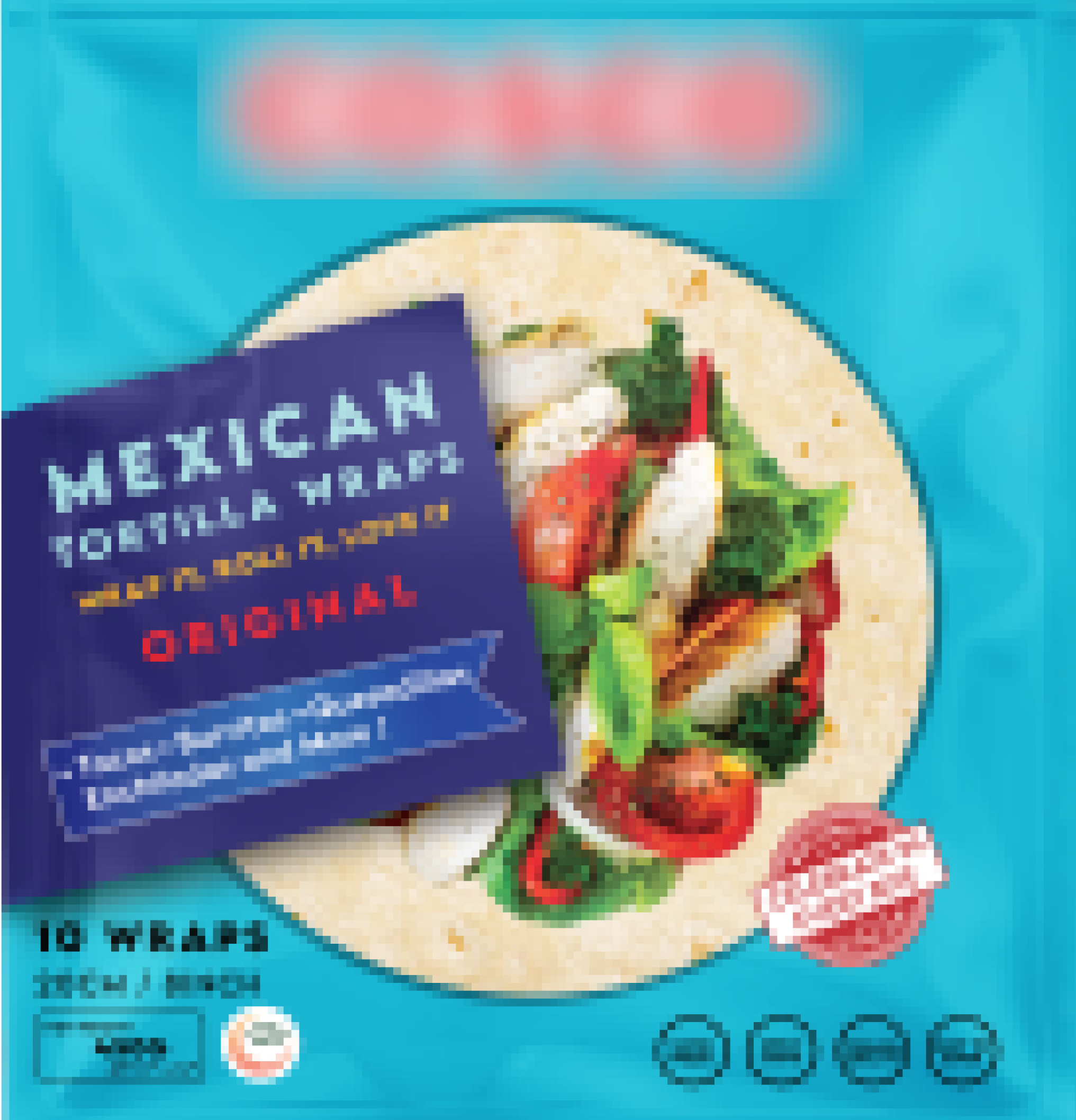 Package of Mexican tortilla wraps with a tortilla topped with vegetables and chicken on a blue background.