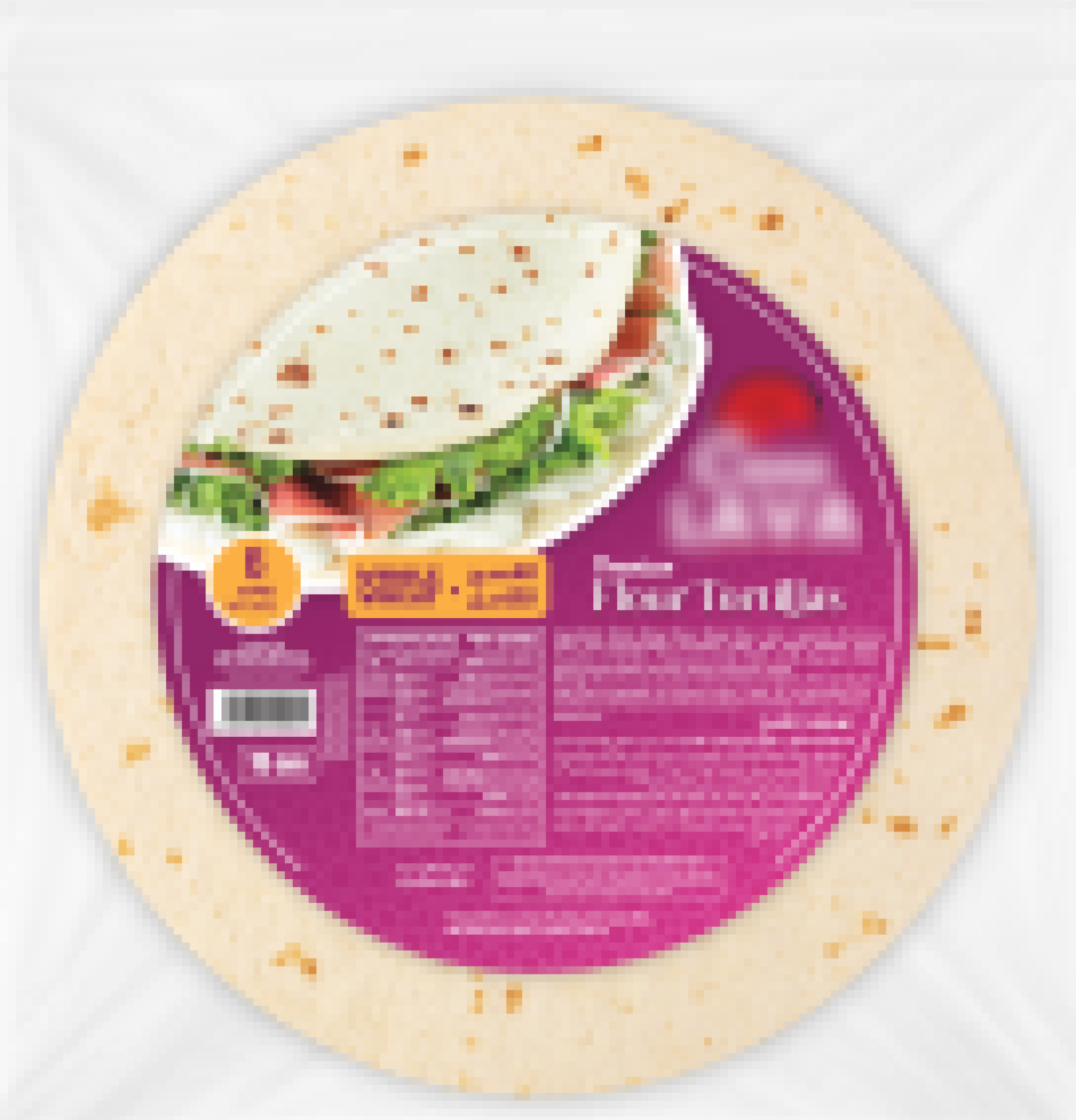 Package of flour tortillas showing a tortilla fold with lettuce and tomato on purple label.