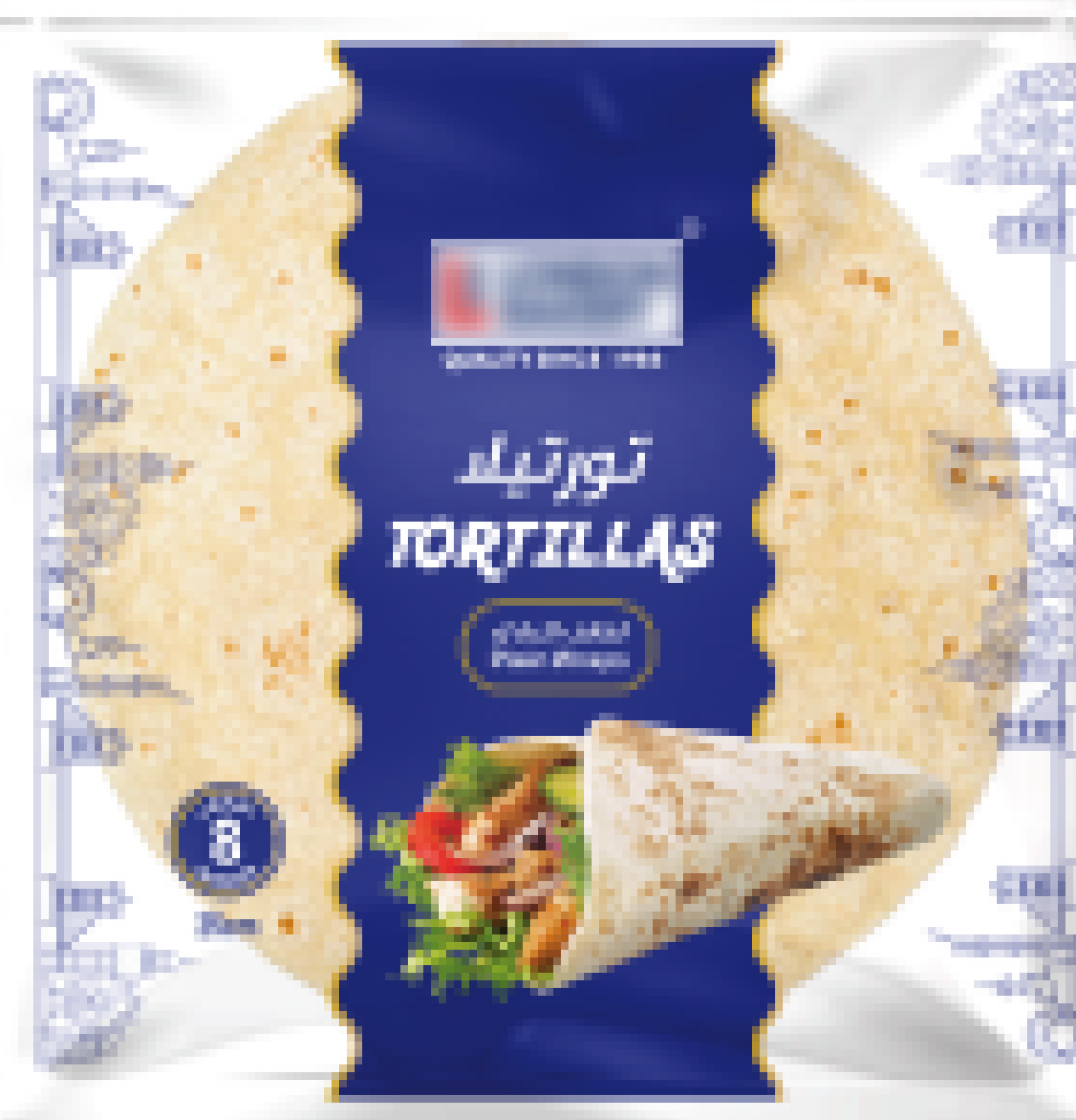 Package of soft wheat flour tortillas with image of a wrapped tortilla filled with vegetables and meat.