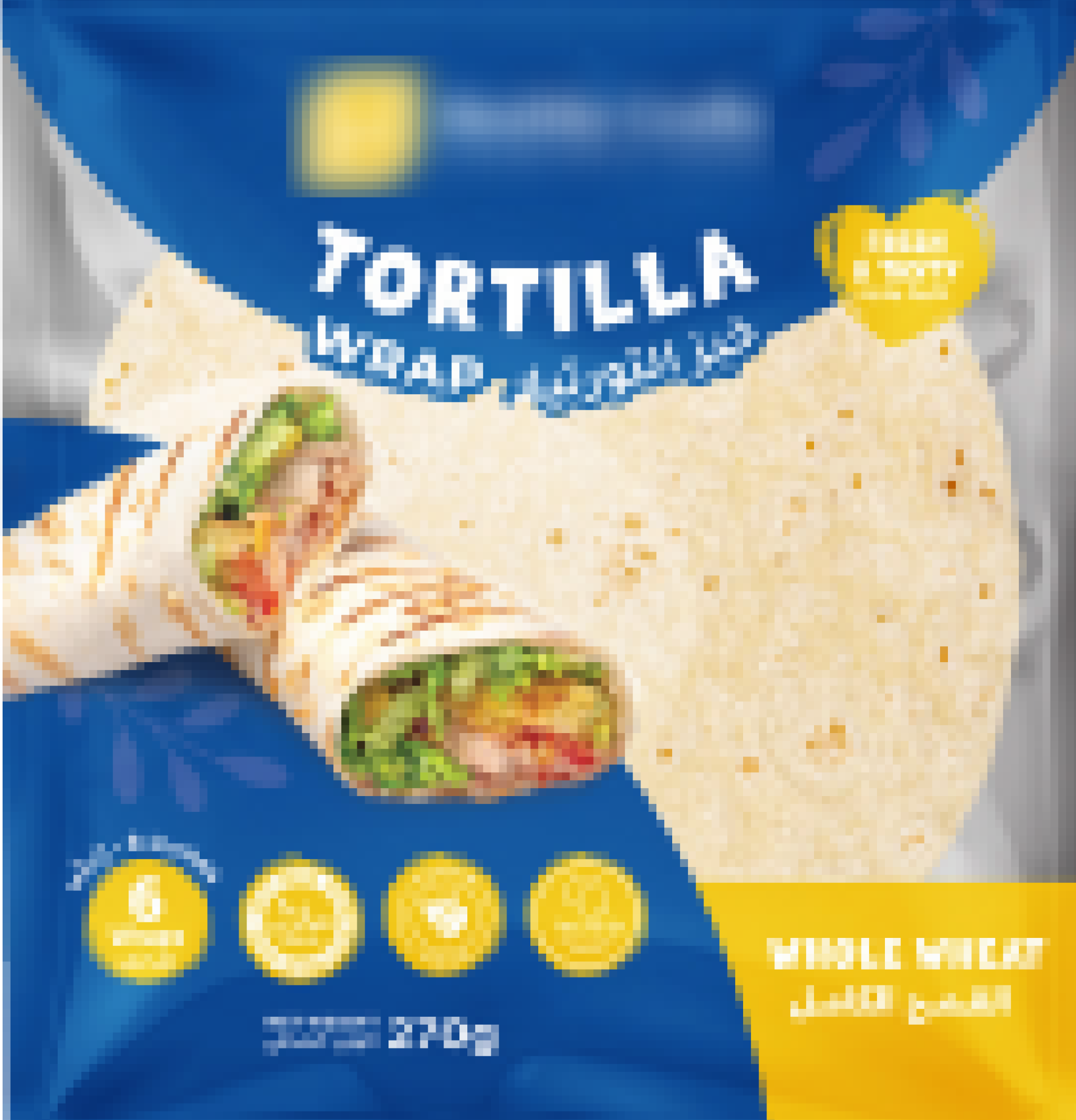 Pack of whole wheat tortilla wraps with grilled chicken and veggies in blue and yellow packaging.