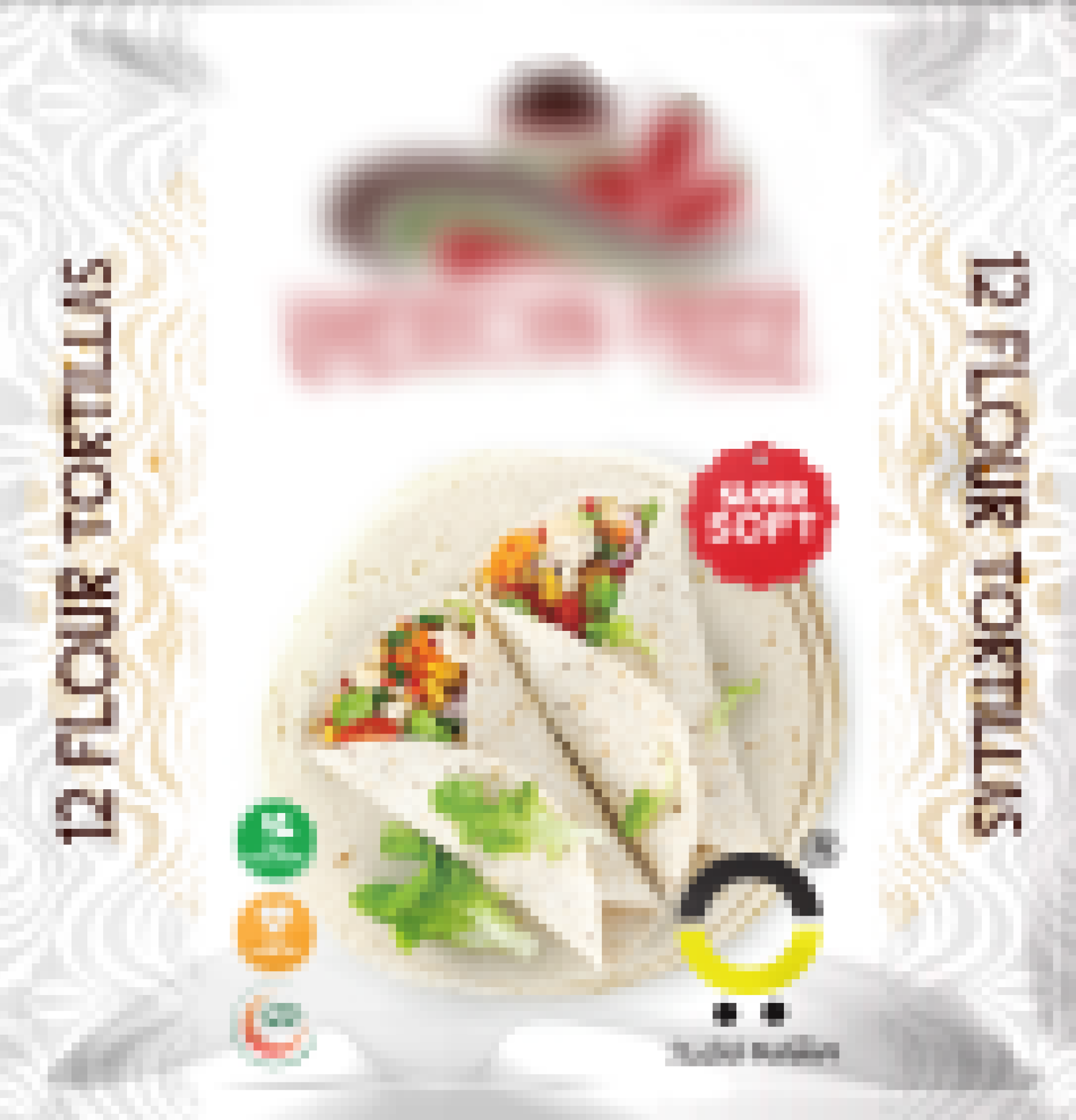 Package of 12 flour tortillas with an image of three filled tortillas on a plate.
