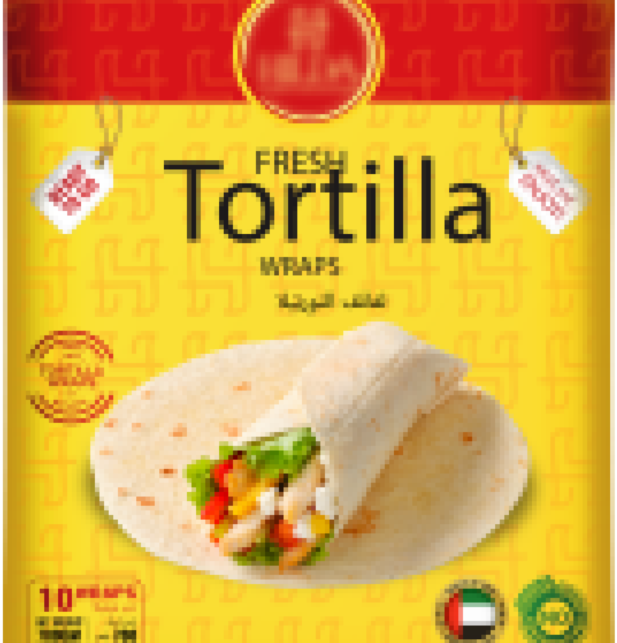 Package of fresh tortilla wraps with a filled tortilla showing lettuce and vegetables.