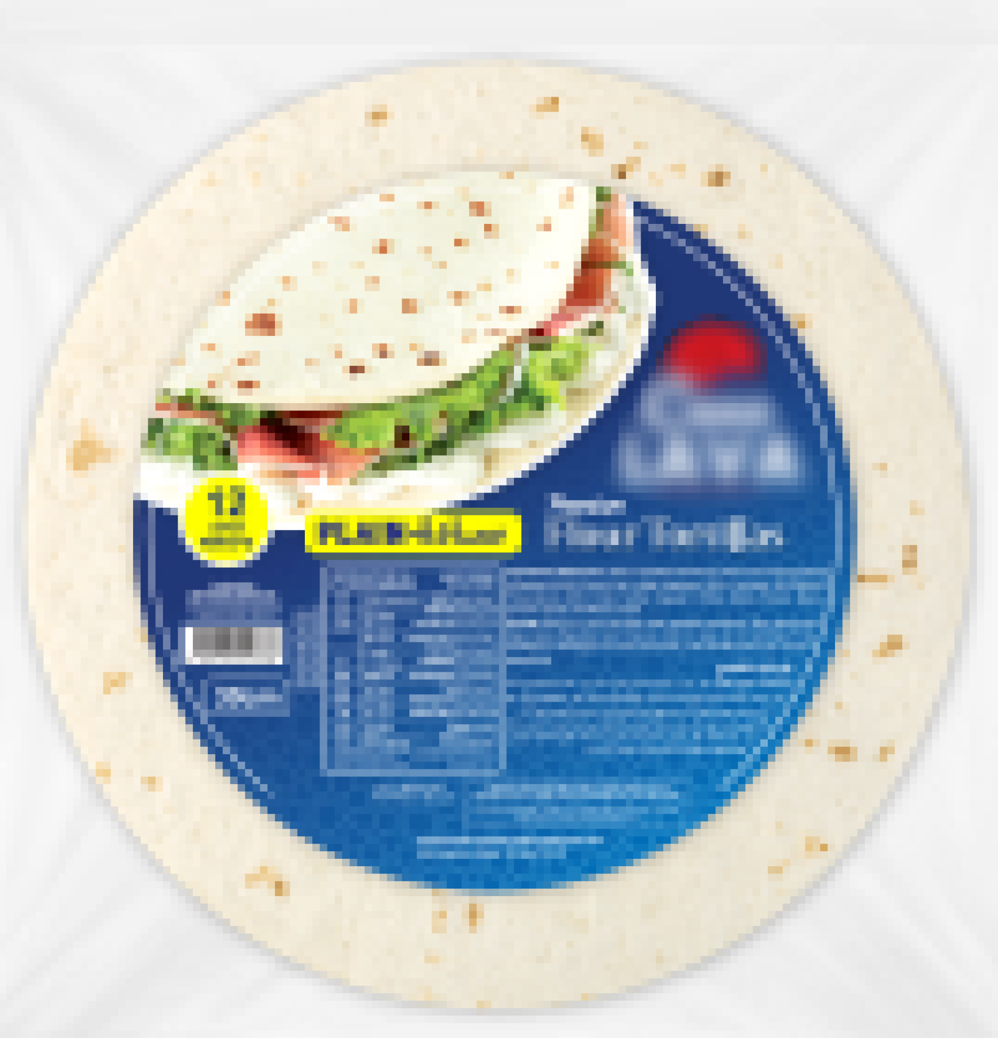 Pack of round white flour tortillas with packaging showing a folded tortilla filled with lettuce and tomato.