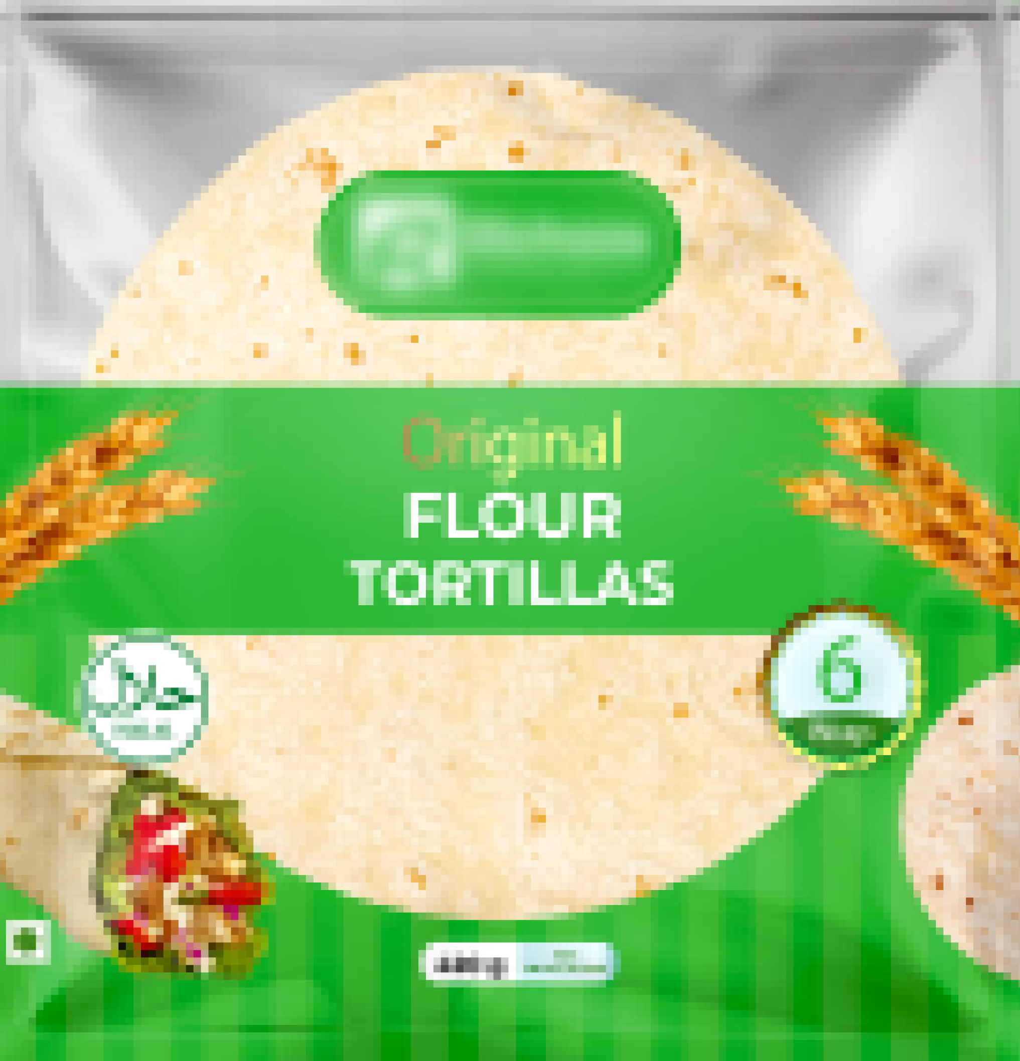 Package of original flour tortillas with a green label showing six tortillas and wheat illustrations.