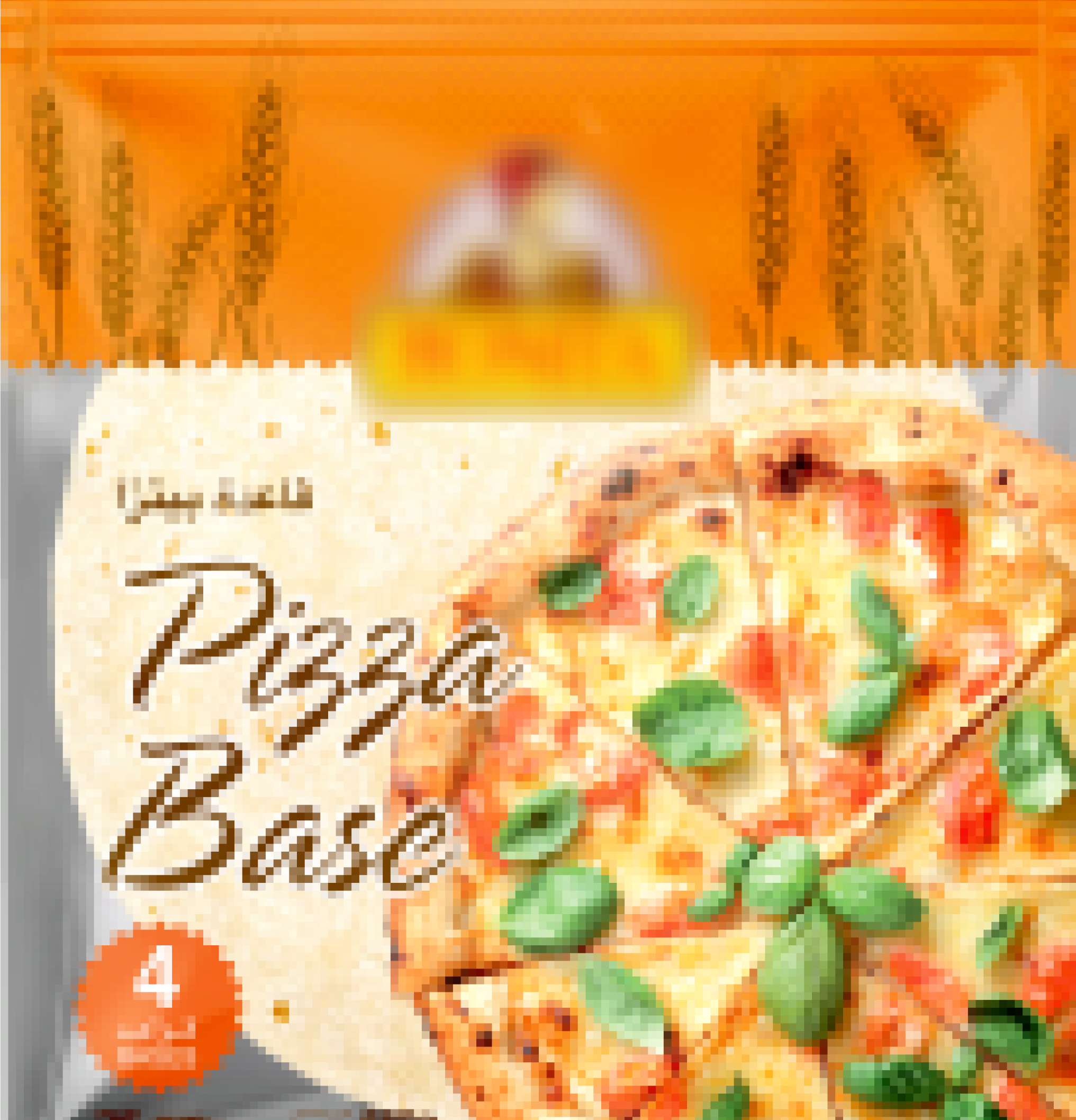 Packaged pizza base with cheese and tomato pizza slices topped with basil leaves on the front.