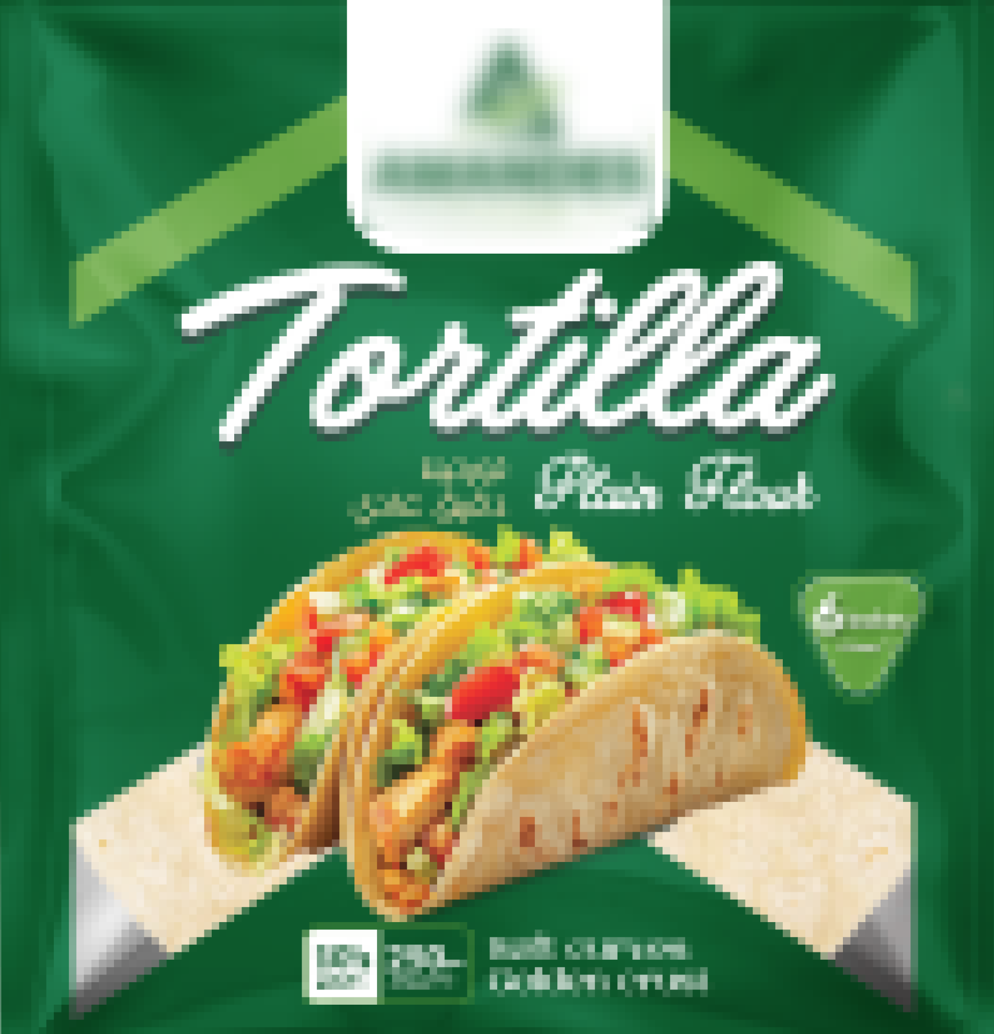 Package of flour tortillas with image of two tacos filled with vegetables and chicken.