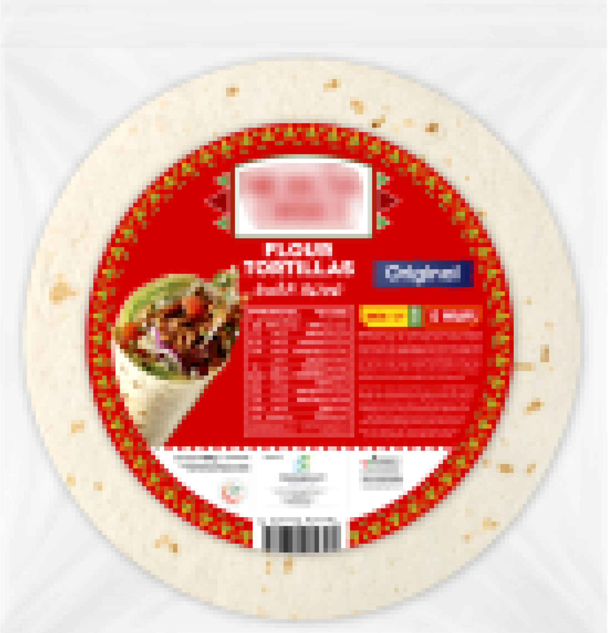 Pack of flour tortillas in clear plastic packaging with red and white label showing a wrapped taco.