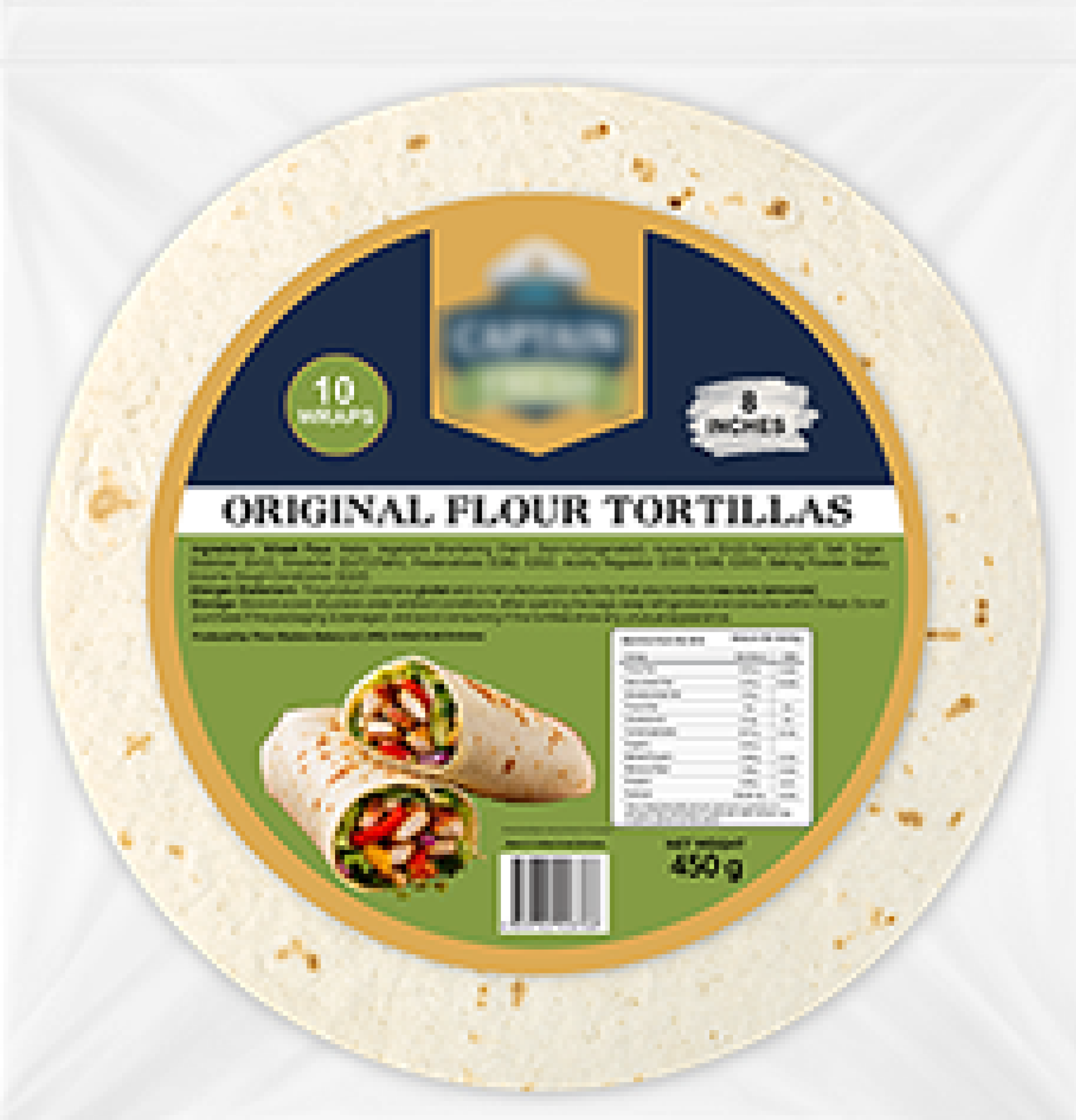 Package of original flour tortillas showing 10 tortillas and 450g net weight with a wrap image.