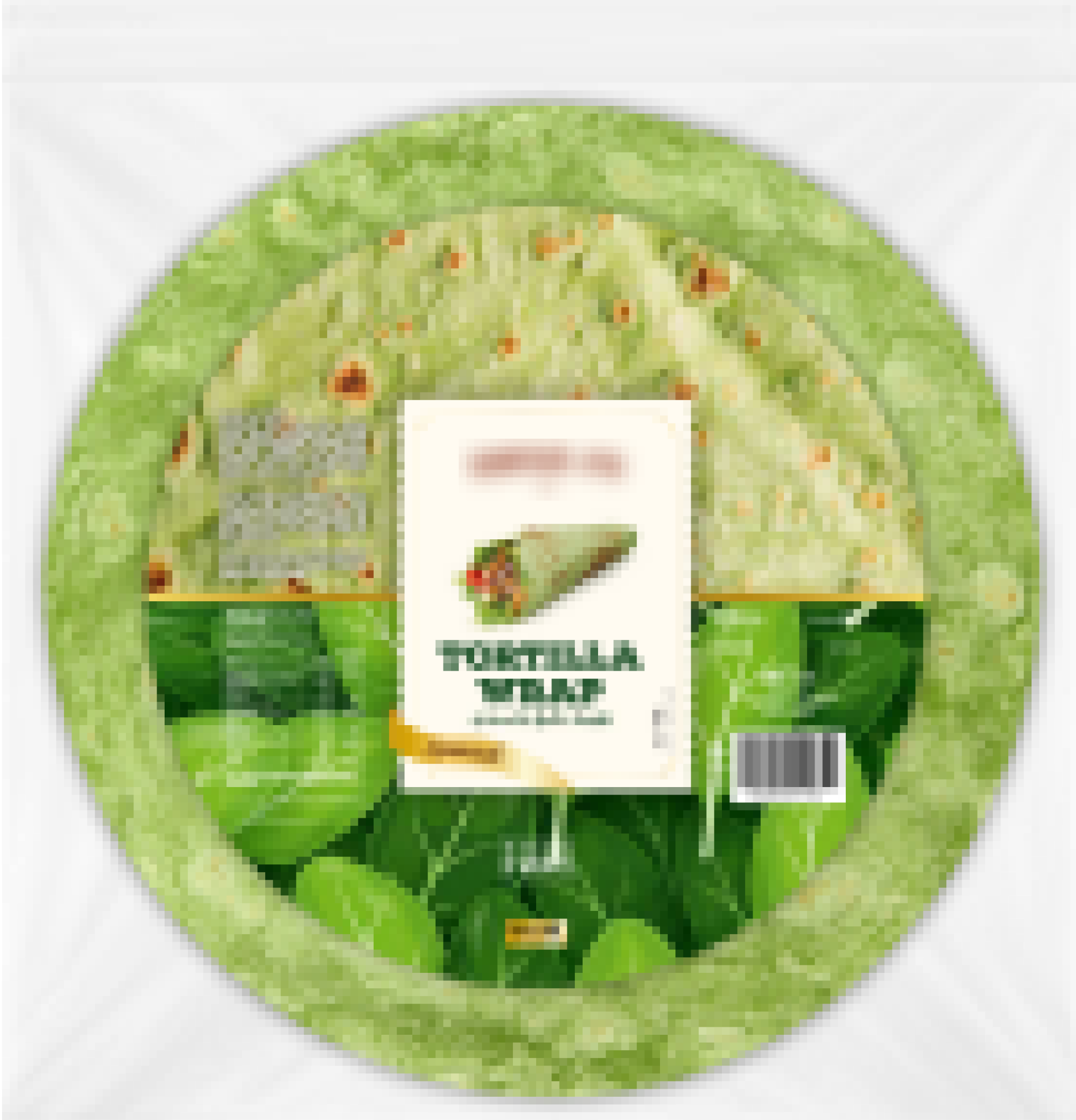 Circular package of spinach-flavored tortilla wraps with a label showing a wrap illustration.