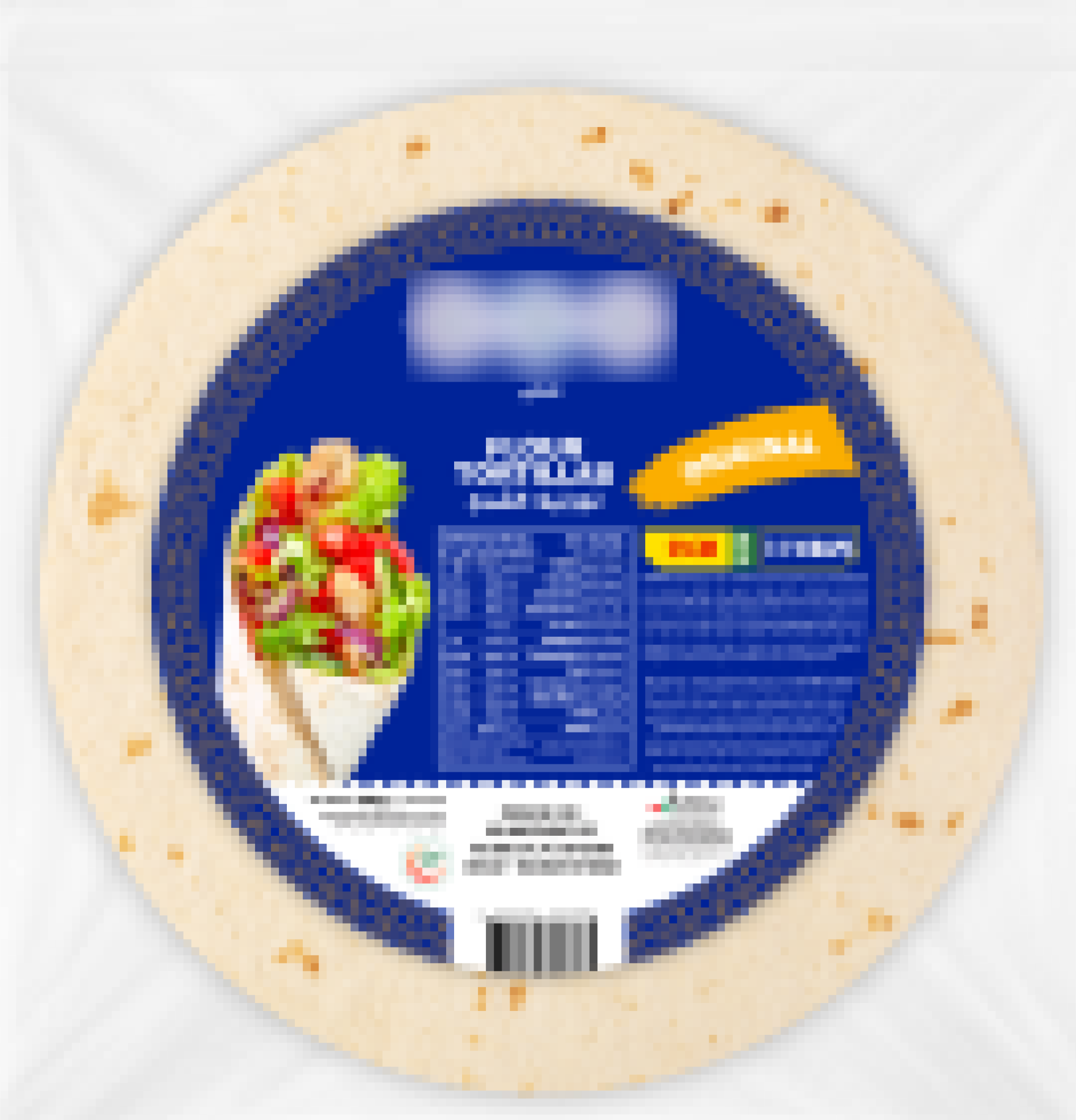 Pack of round wheat tortillas with a blue label showing nutrition facts and a tortilla wrap image.