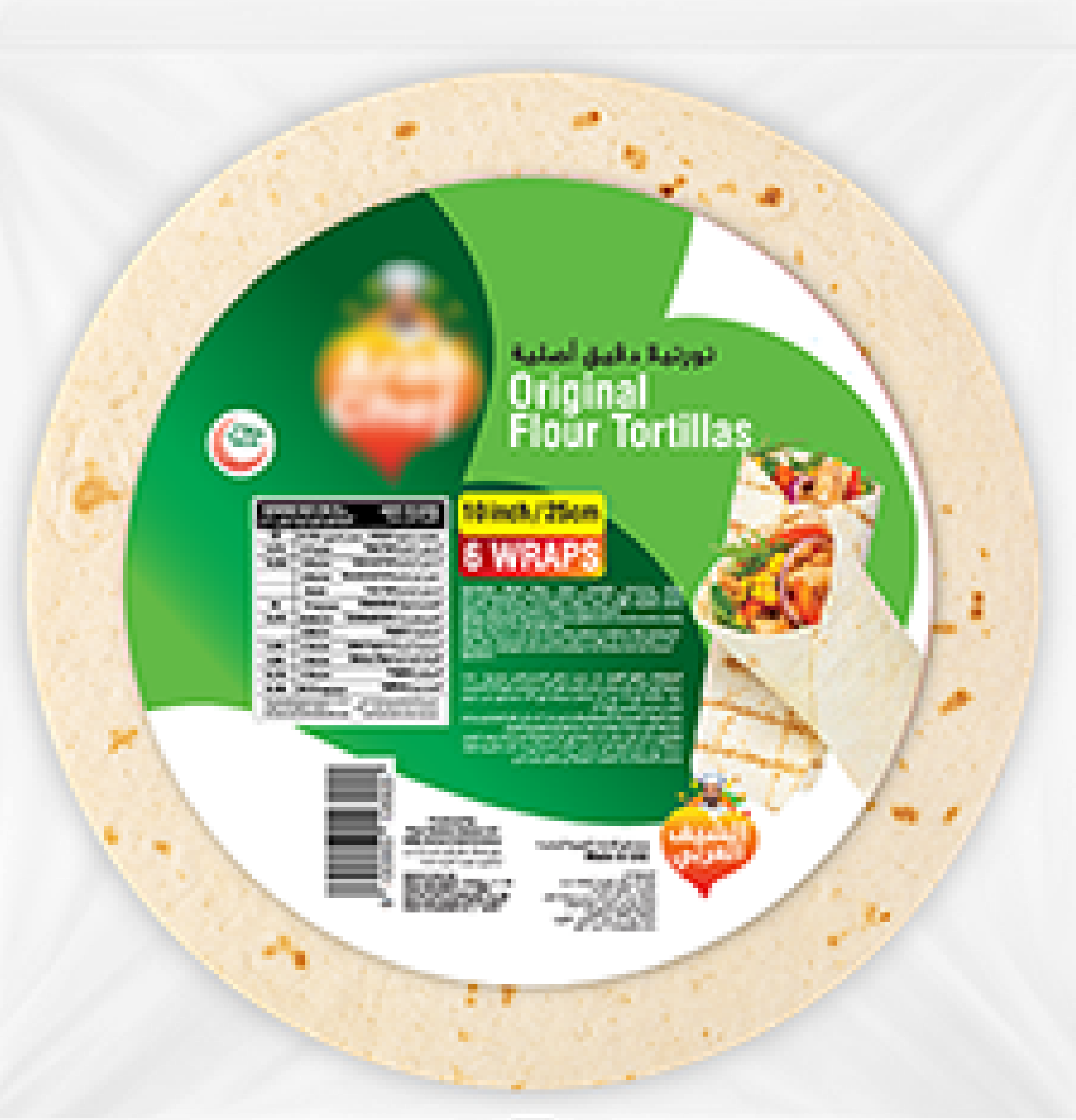 Package of original flour tortillas showing 6 wraps with a picture of a filled wrap.