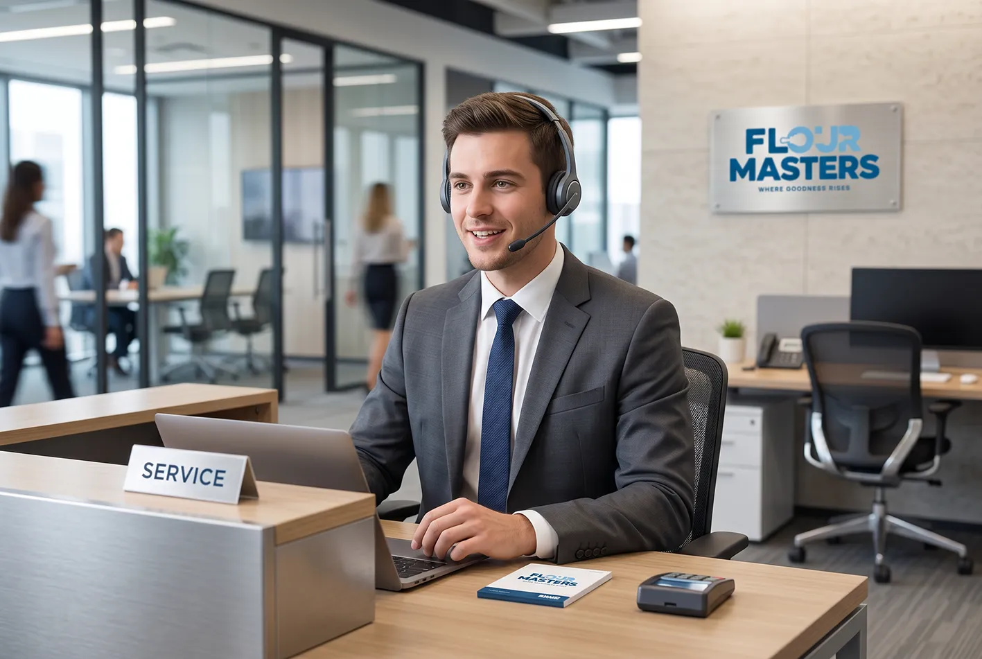 Smiling man in suit with headset at service desk in modern office with FLOUR MASTERS sign.