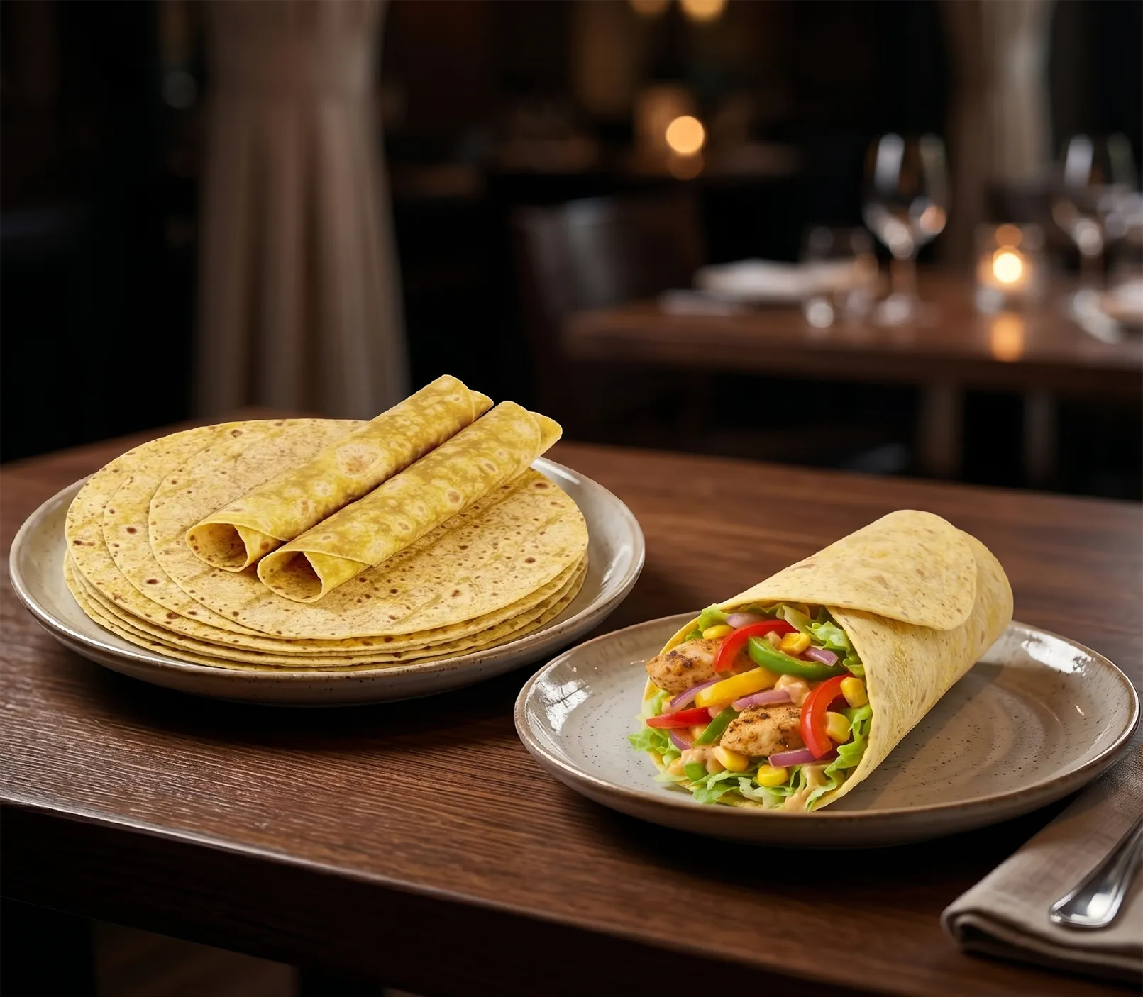 Plate of flatbreads with two rolled tortillas next to a plate with a chicken and vegetable wrap.