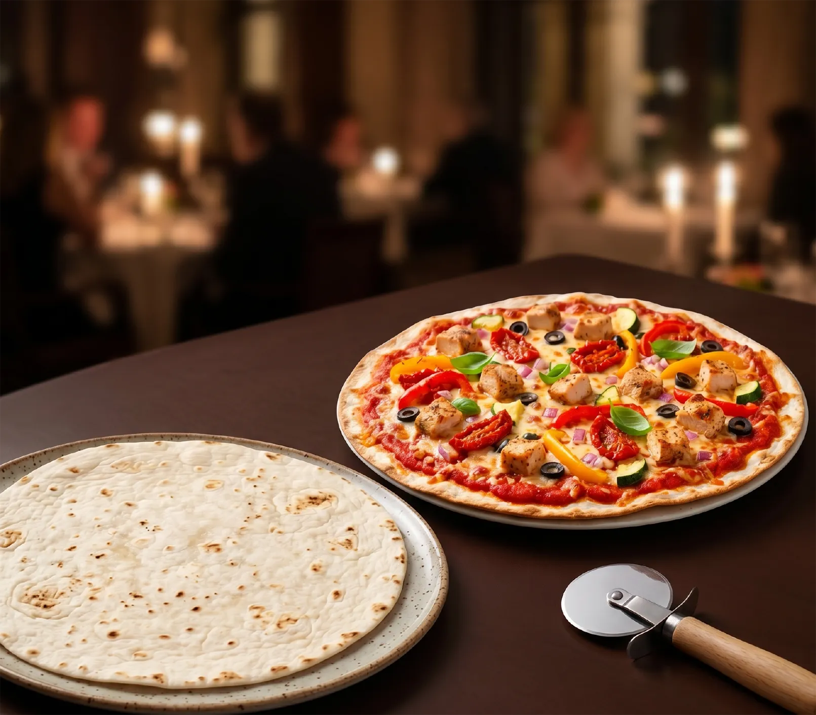 Thin crust pizza with chicken, olives, peppers, and basil on table with pizza cutter and empty plate.