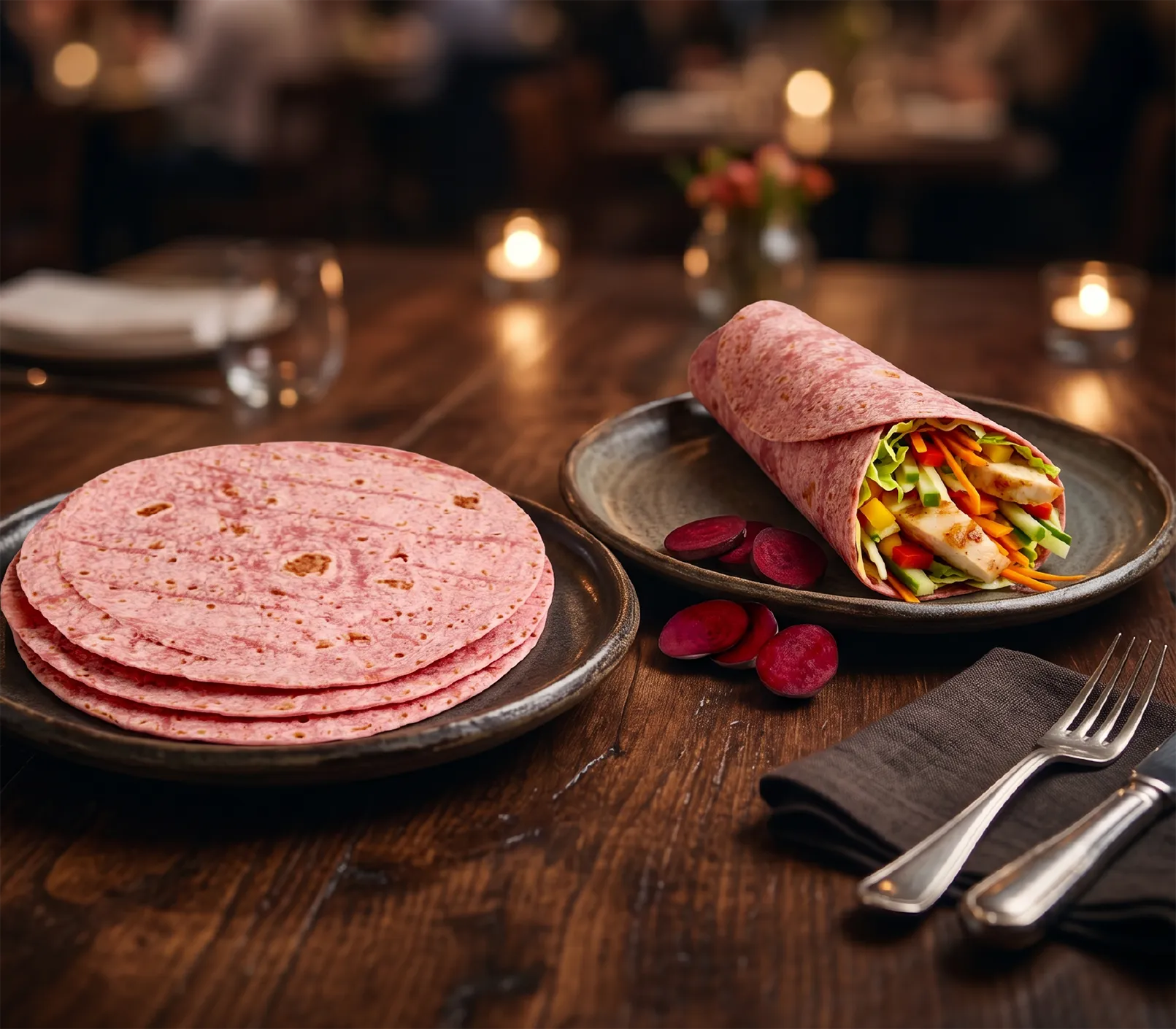 Plate of pink tortillas next to a wrapped veggie and grilled chicken wrap with beet slices on a wooden table.