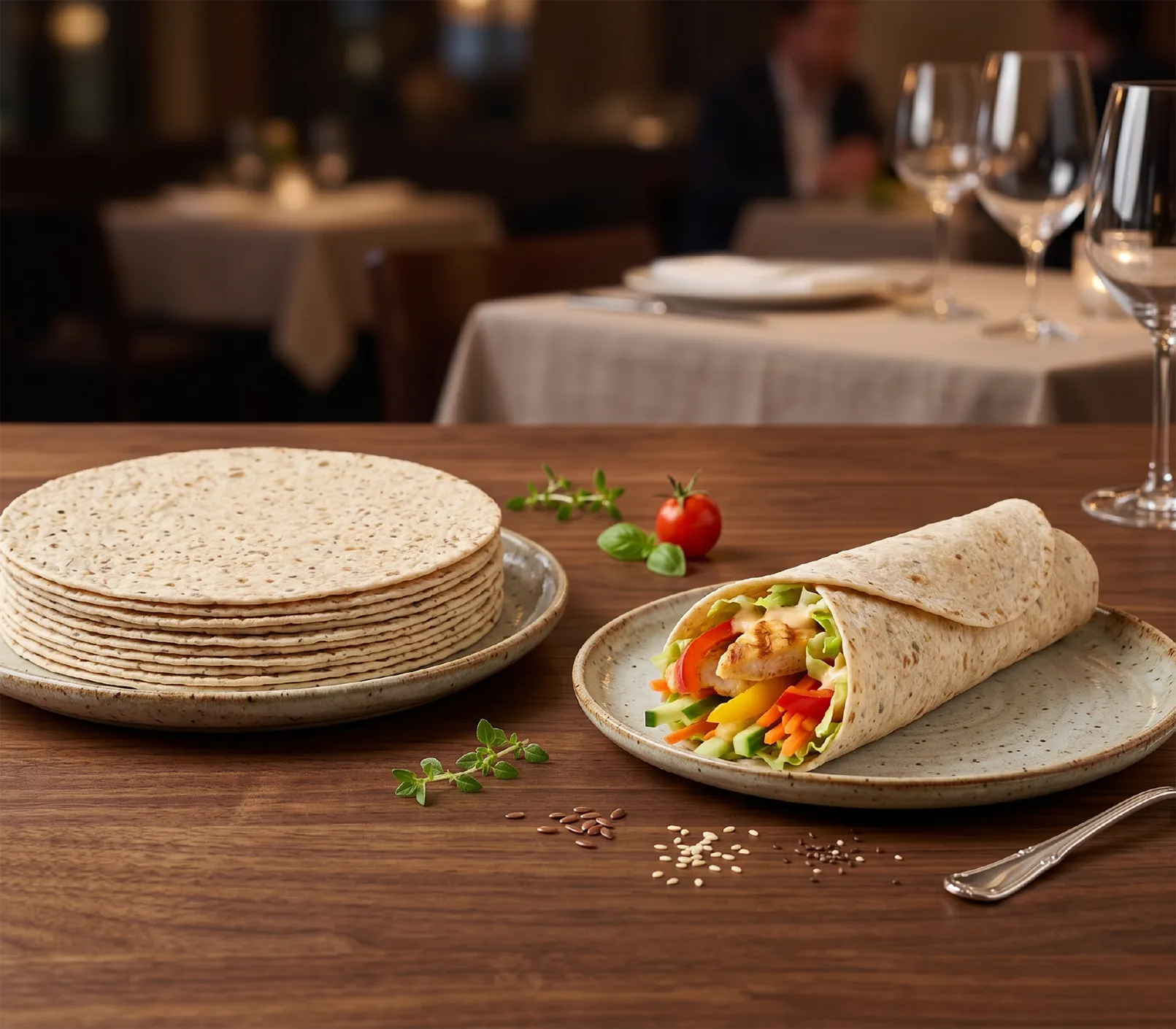 Stack of flatbreads on a plate next to a vegetable and chicken wrap on a rustic table.
