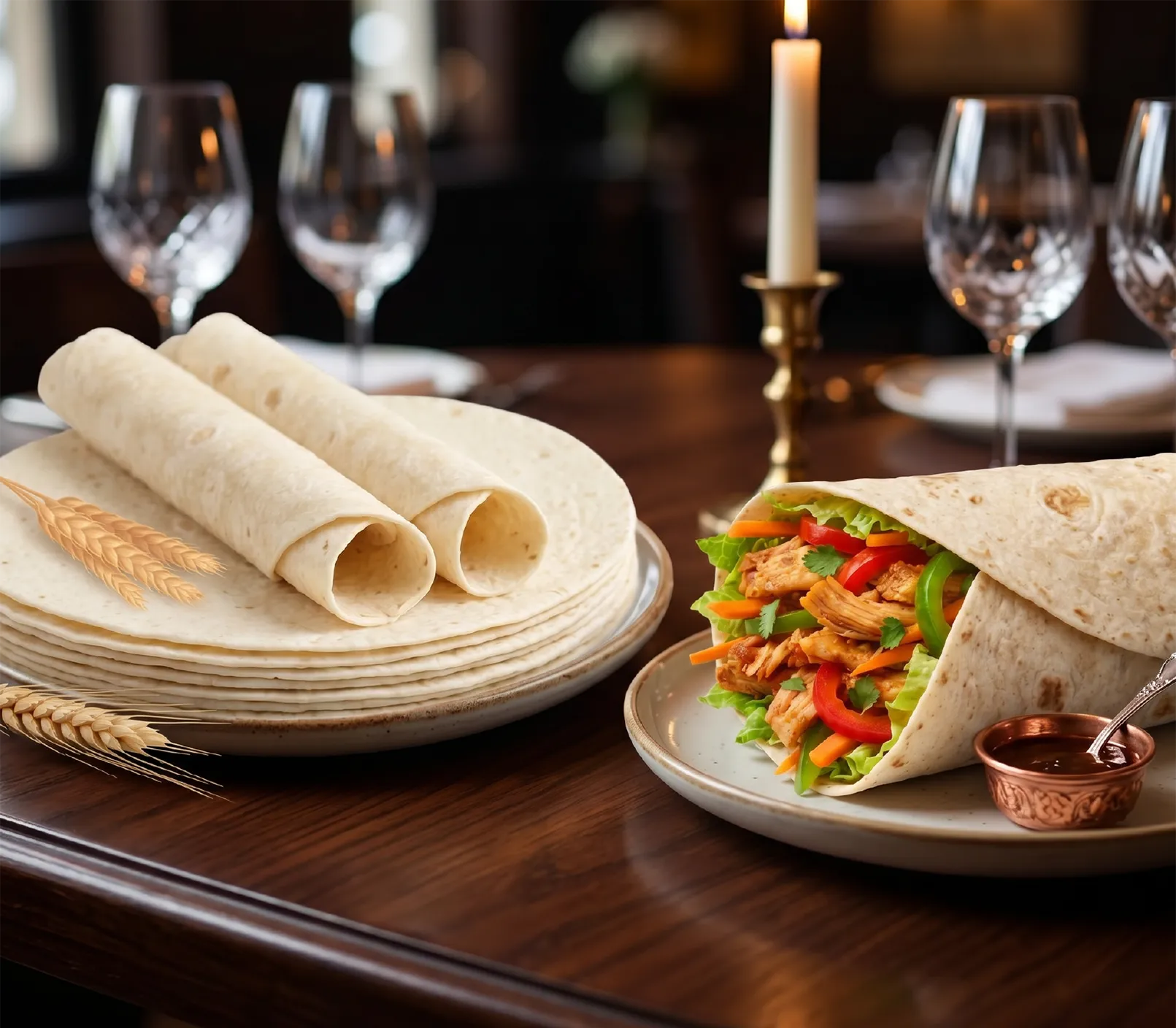 Plate with stacked tortillas and a tortilla wrap filled with chicken, veggies, and sauce on a table.