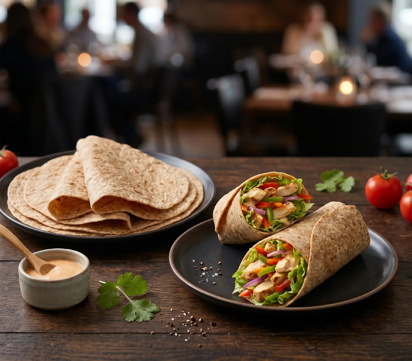 Two chicken and vegetable wraps on a plate with flatbreads, sauce, and tomatoes on a wooden table.