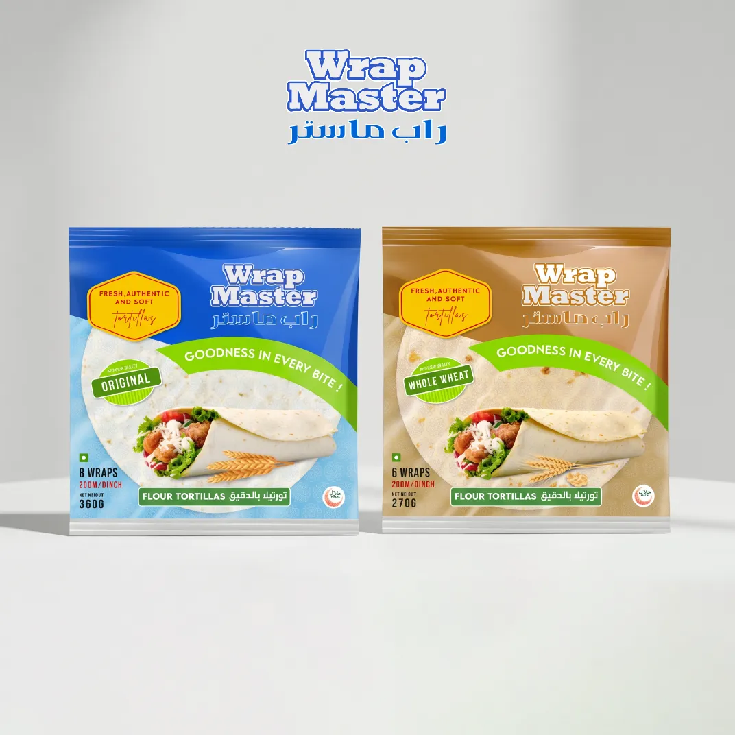 Two Wrap Master flour tortilla packs: Original (blue) and Whole Wheat (brown), each with wraps and ingredients.