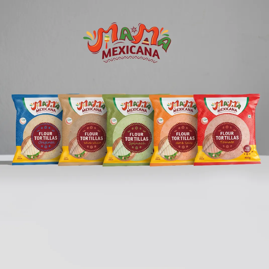 Five packages of Mama Mexicana flour tortillas: Original, Whole Wheat, Spinach, Hot & Spicy, and Tomato flavors.