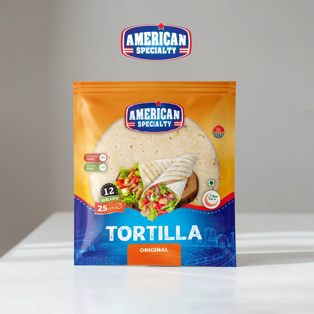 American Specialty original tortillas package showing 12 wraps, 25 cm diameter, with grilled wrap image.