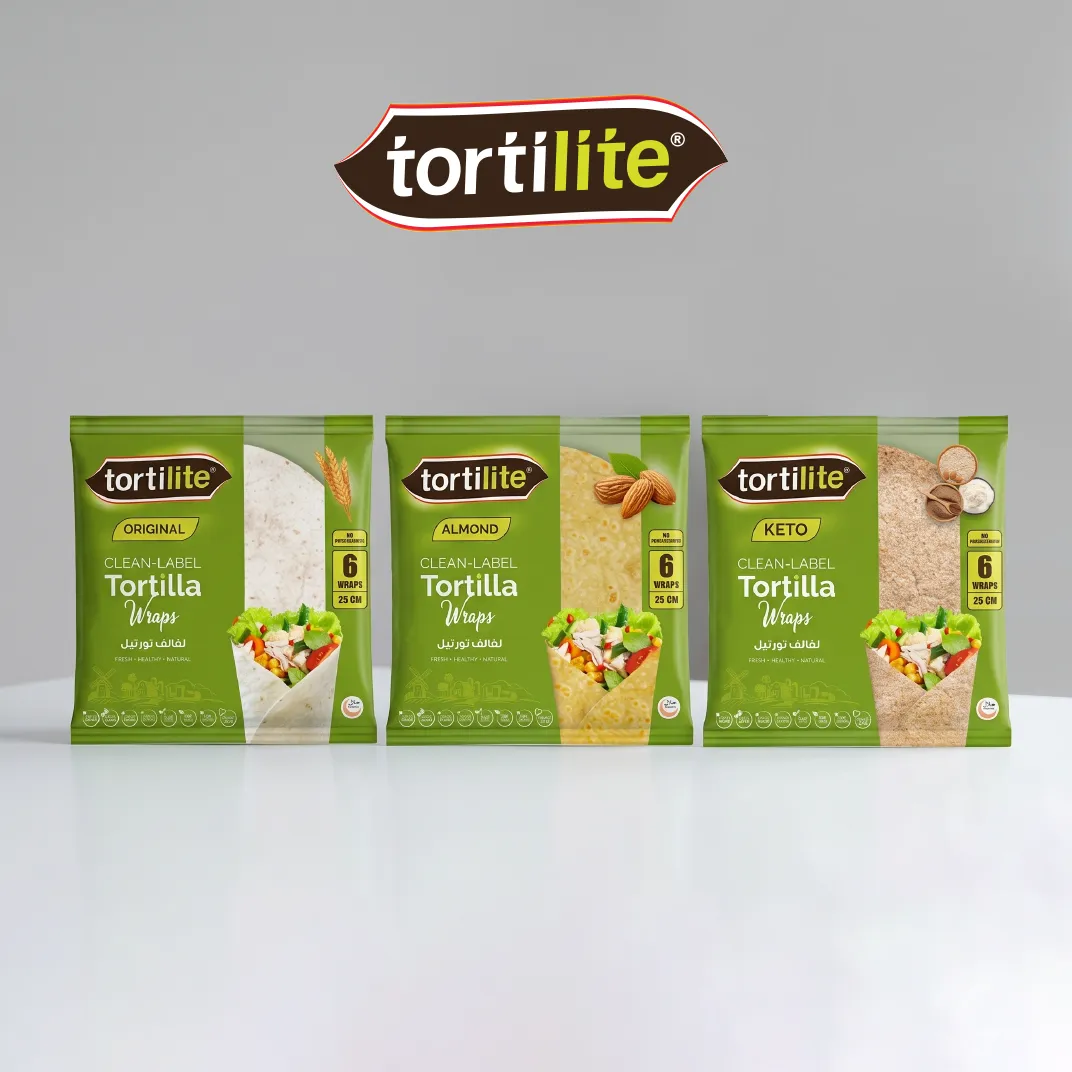 Three Tortilite clean-label tortilla wrap packages: Original, Almond, and Keto flavors.