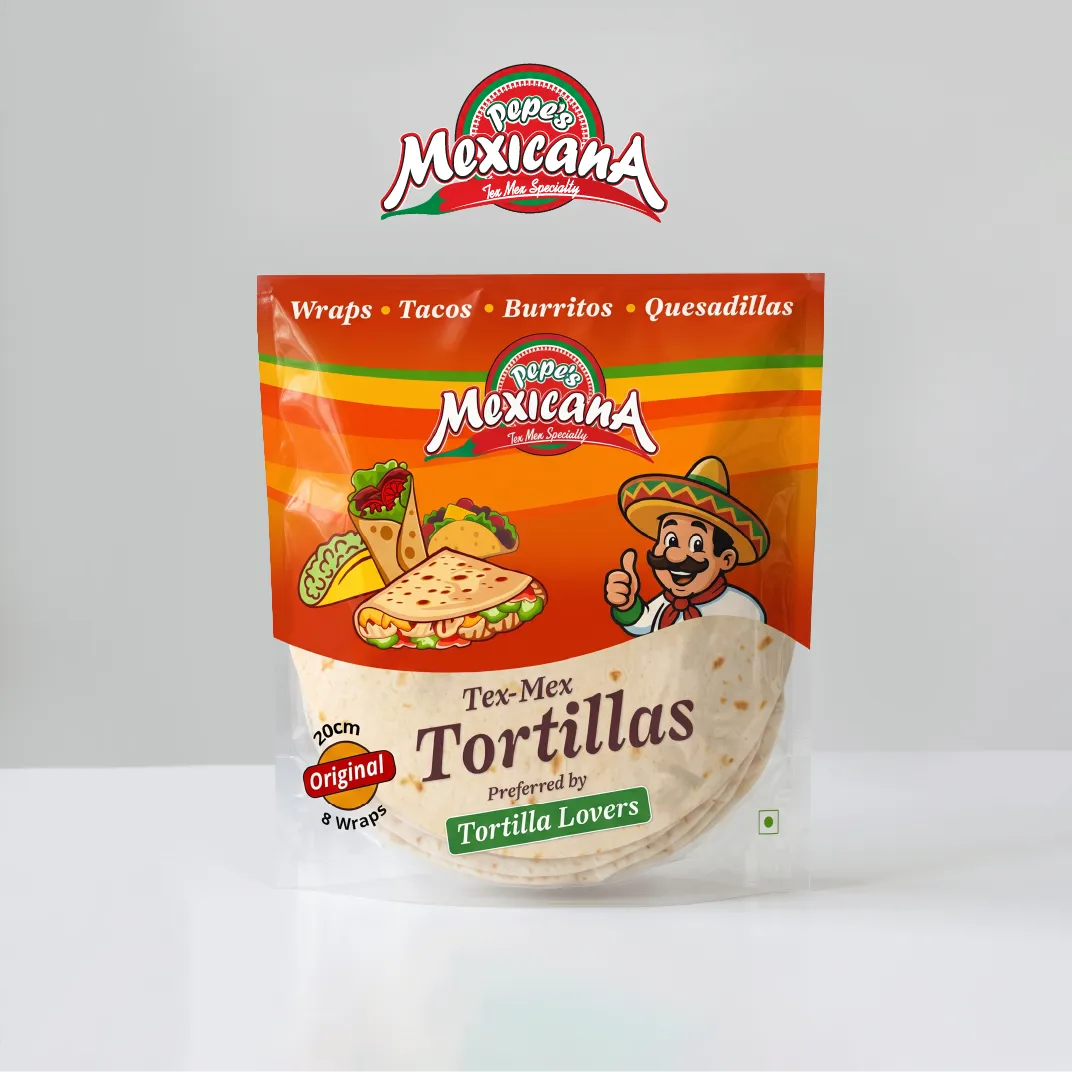 Package of Pepe's Mexicana Tex-Mex tortillas with images of wraps, tacos, and quesadillas