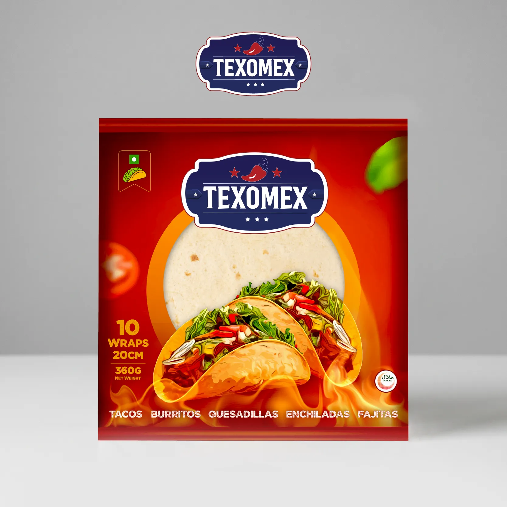 Texomex package with 10 wraps 20cm, showing tacos with lettuce, cheese, and tomatoes on red background.