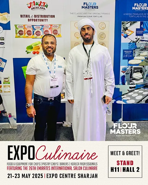 Two men standing at Expo Culinaire 2025 booth with signage for Flour Masters and Mama Mexicana tortillas.