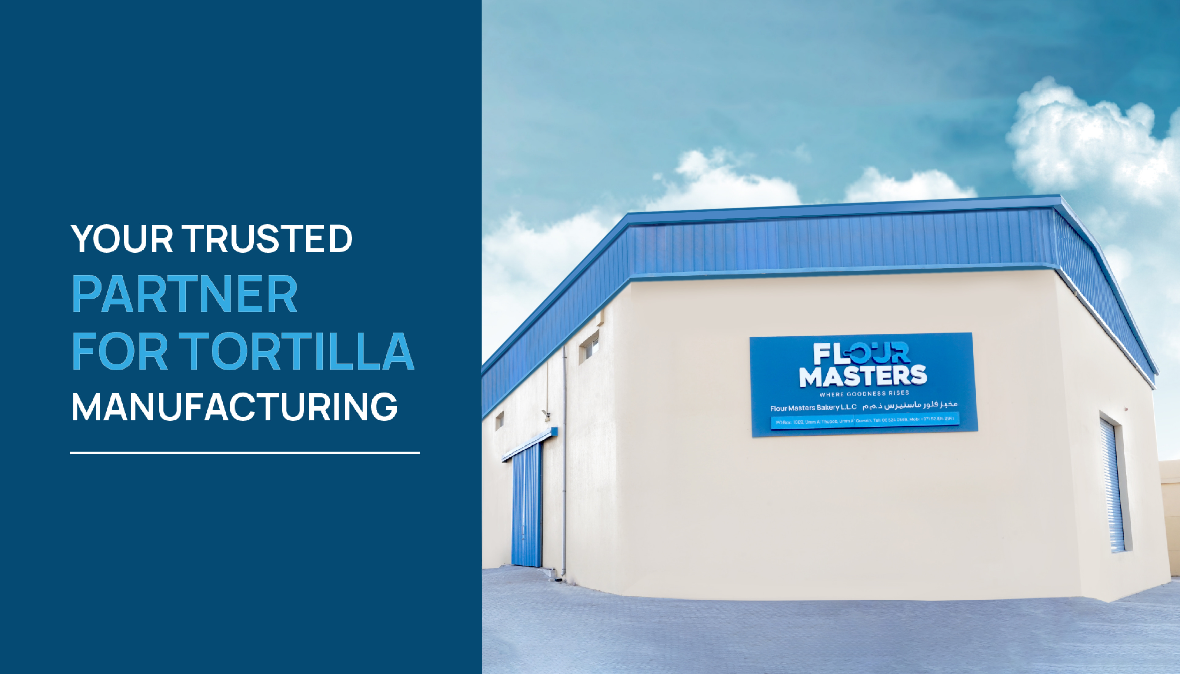 Building with blue trim and sign for Flour Masters, a trusted partner for tortilla manufacturing.