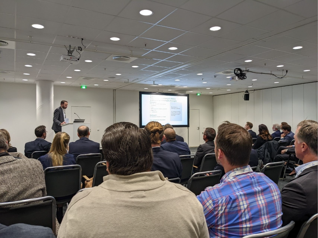 Scott Urquhart, CEO of Aegir Insights, presenting at a side event about offshore wind in Nova Scotia at WindEnergy Hamburg 2022.