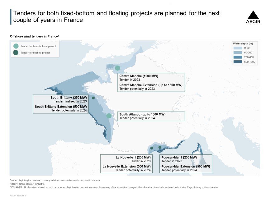Bathymetry map of France with locations of upcoming offshore wind tenders, both fixed-bottom and floating wind.