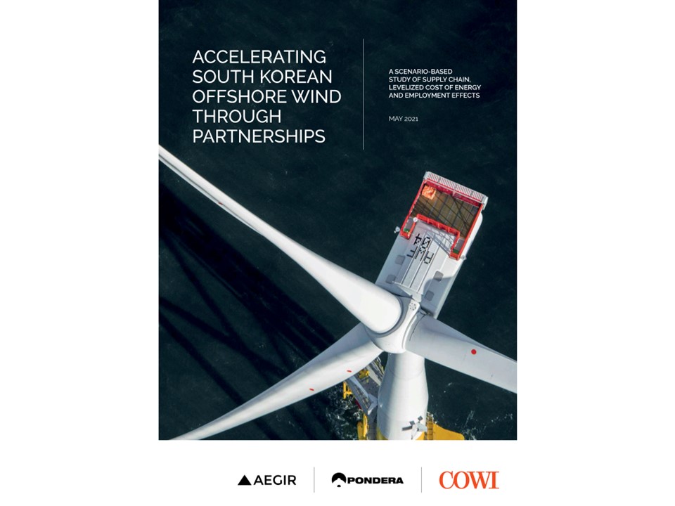Thumbnail for a report published by Aegir Insights, Pondera Consult and COWI on offshore wind in South Korea.